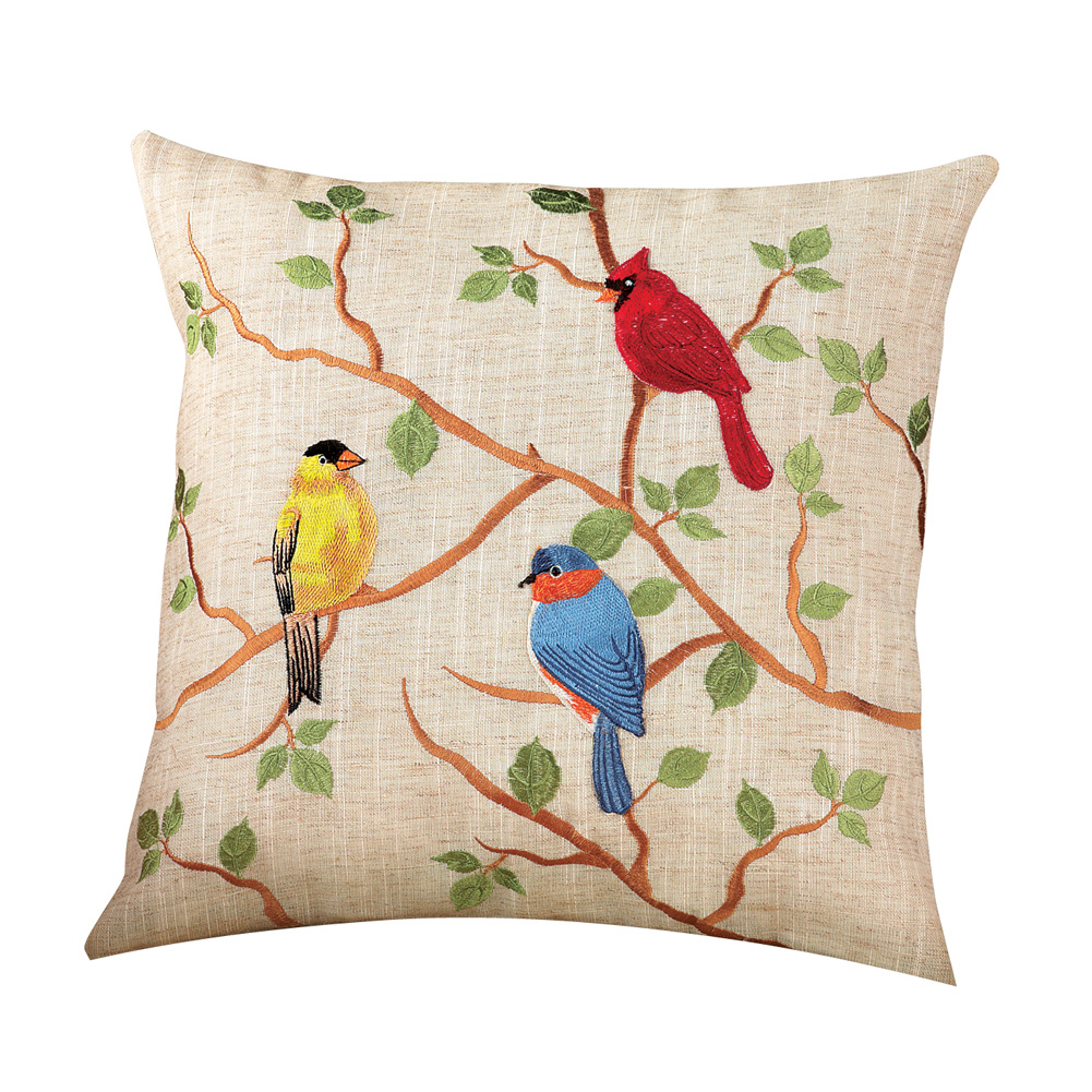 Birds on Branches Spring Embroidered Accent Pillow Cover