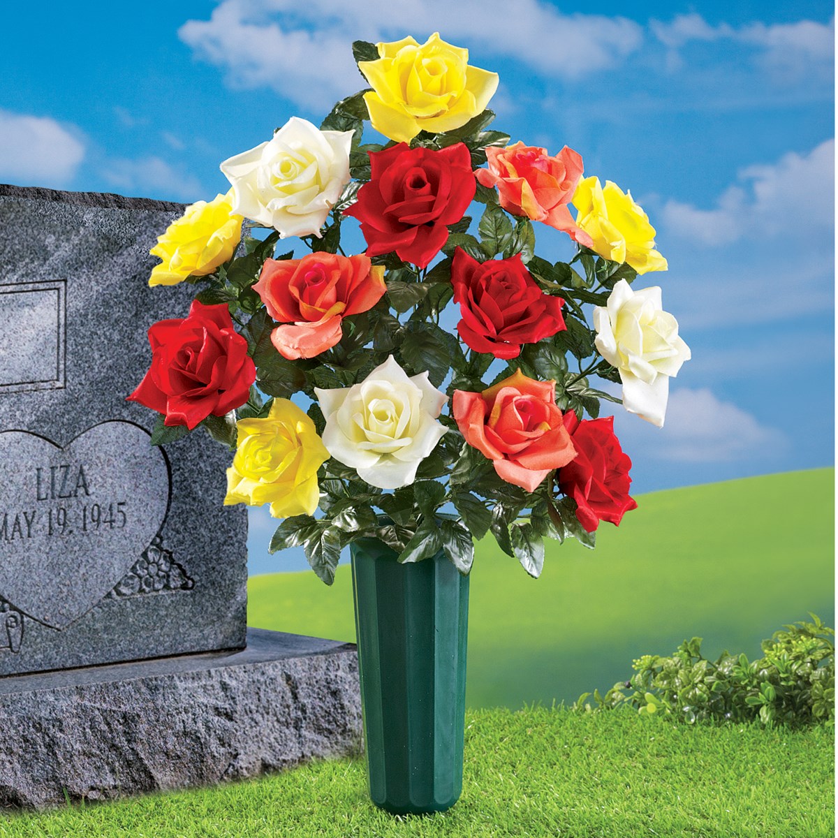 Multicolor Faux Roses Memorial Grave Vase Collections Etc.