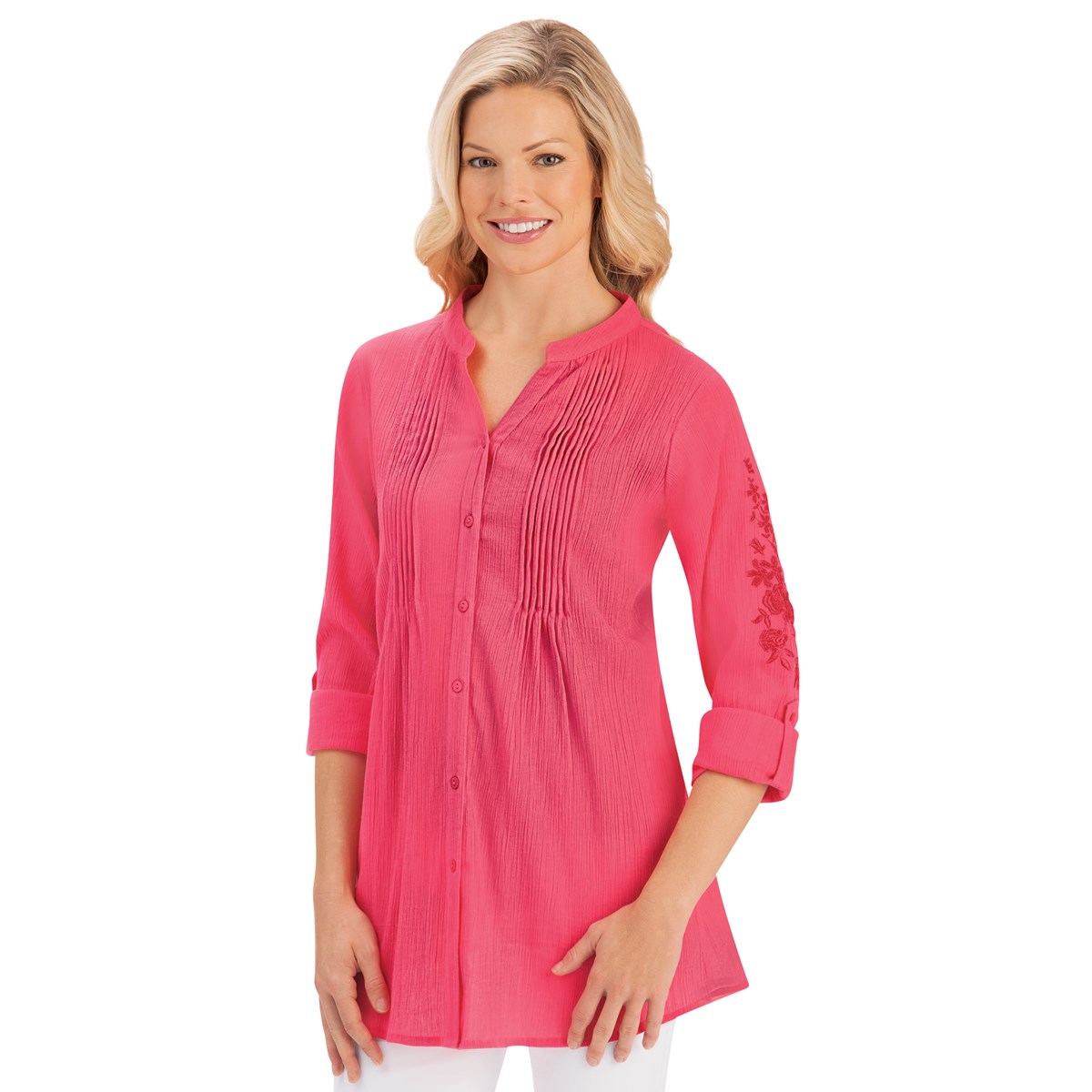 Woven Cotton Tunic Top w/ Floral Embroidered Sleeves Collections Etc.