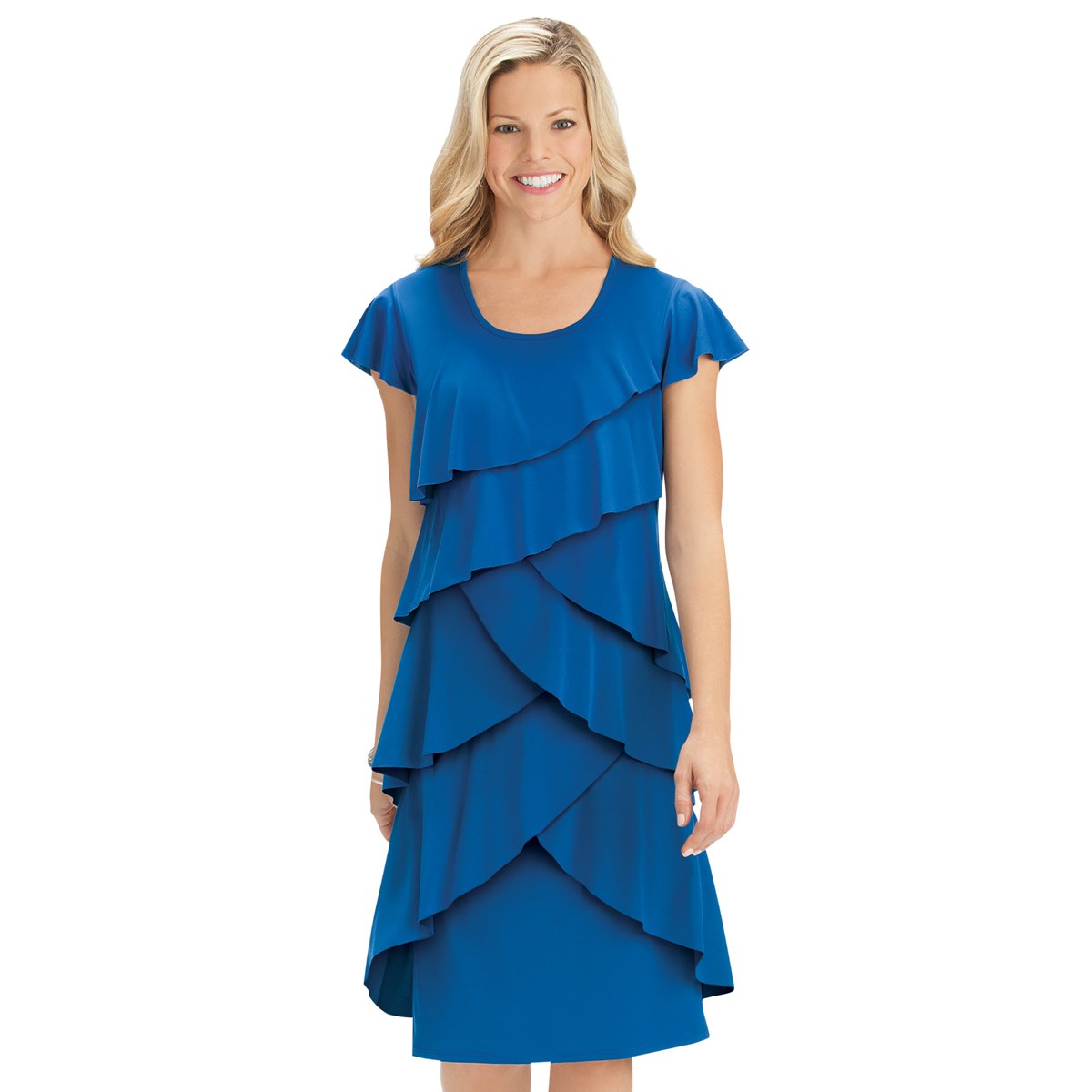 Tiered Ruffle Front Cap Sleeve Knit Dress Collections Etc.