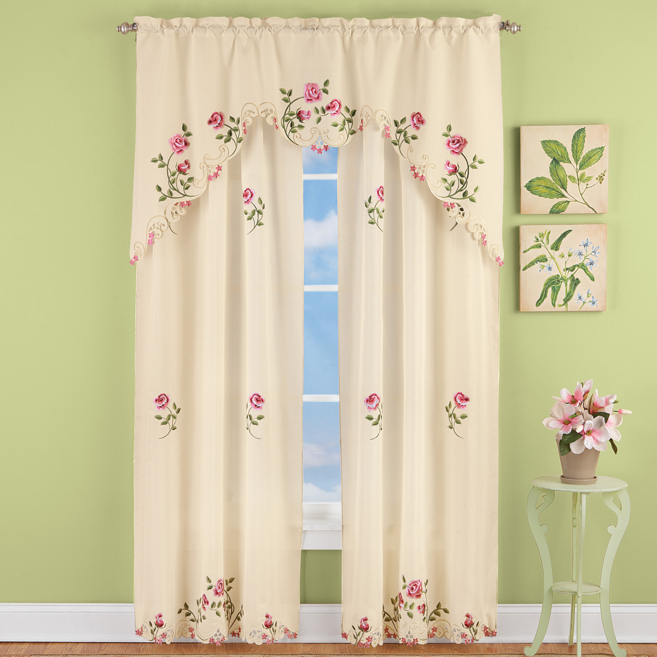 Elegant Pink Rose Floral Embroidered Curtains Drapes, Ivory - Imagen 3 de 10