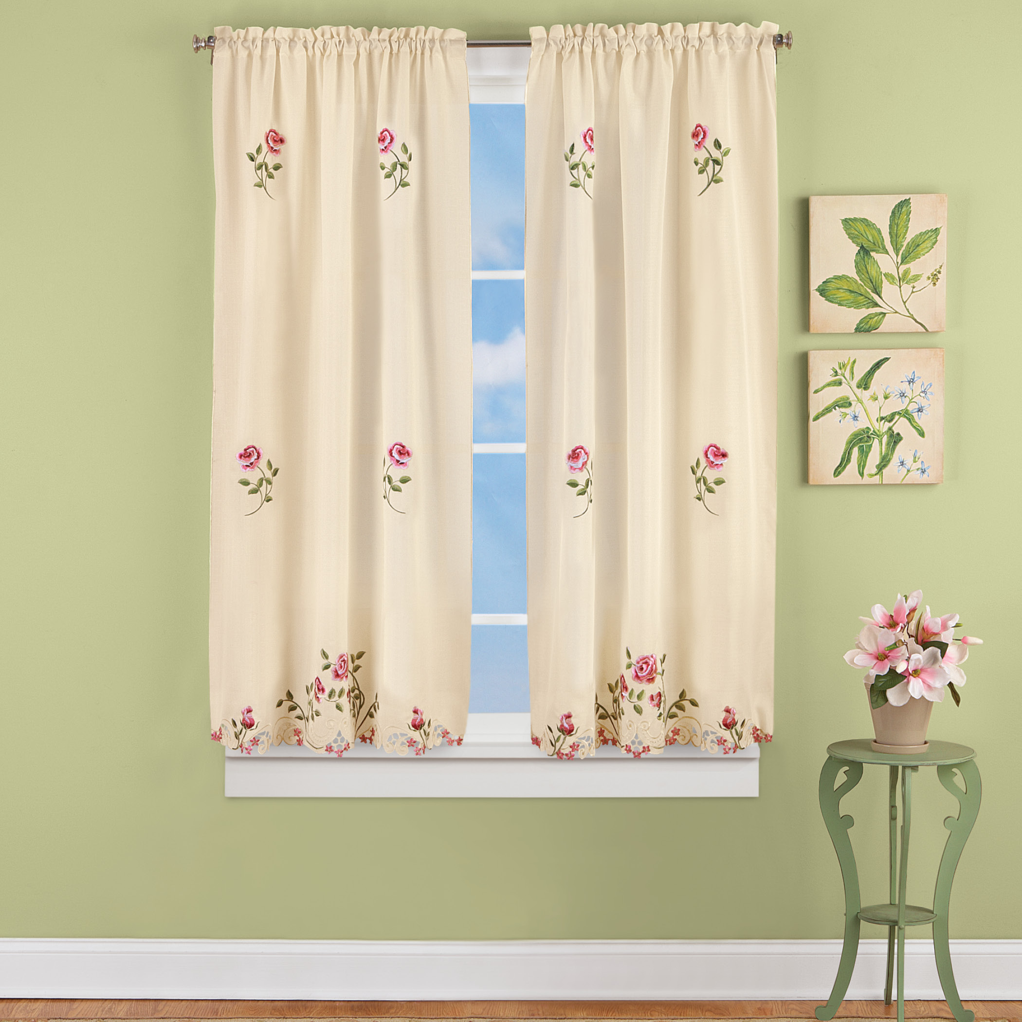 Elegant Pink Rose Floral Embroidered Curtains Drapes, Ivory - Imagen 8 de 10