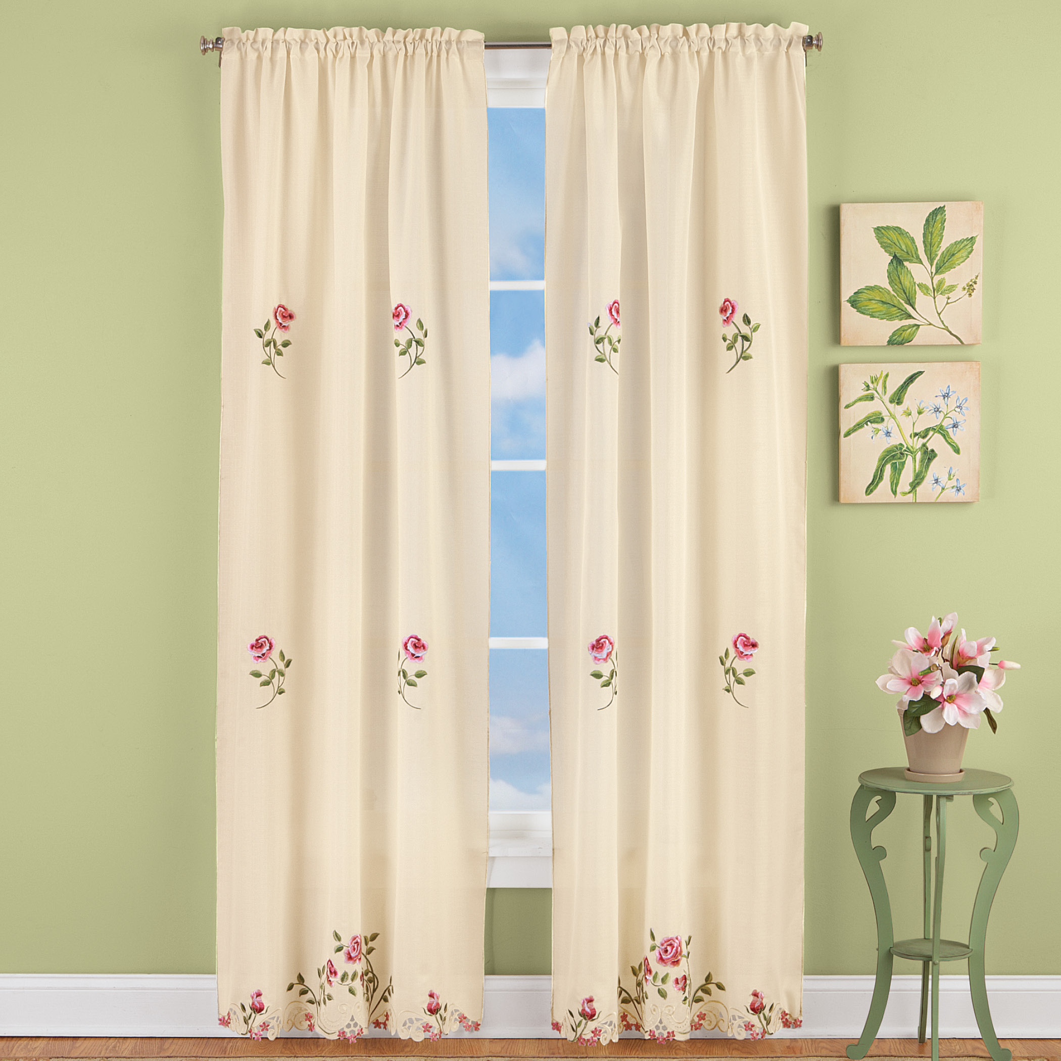 Elegant Pink Rose Floral Embroidered Curtains Drapes, Ivory - Imagen 10 de 10