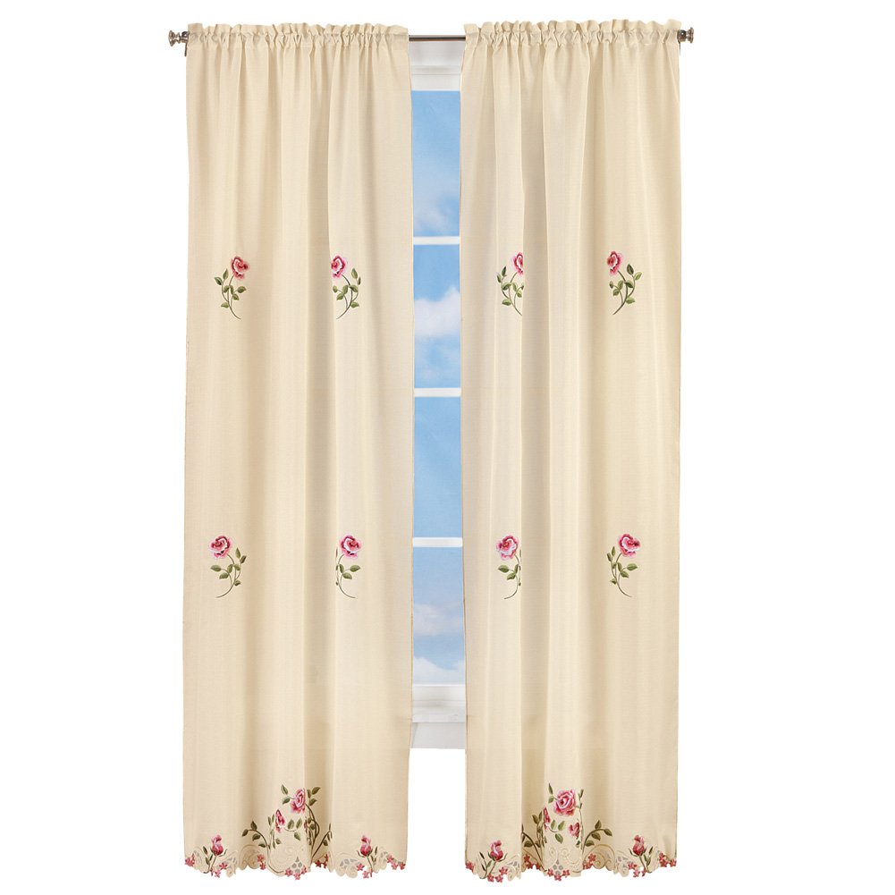 Elegant Pink Rose Floral Embroidered Curtains Drapes, Ivory - Imagen 7 de 10