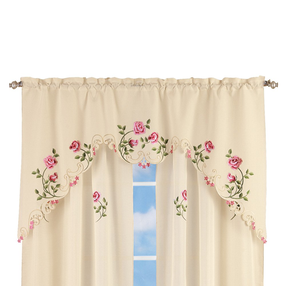 Elegant Pink Rose Floral Embroidered Curtains Drapes, Ivory - Imagen 5 de 10
