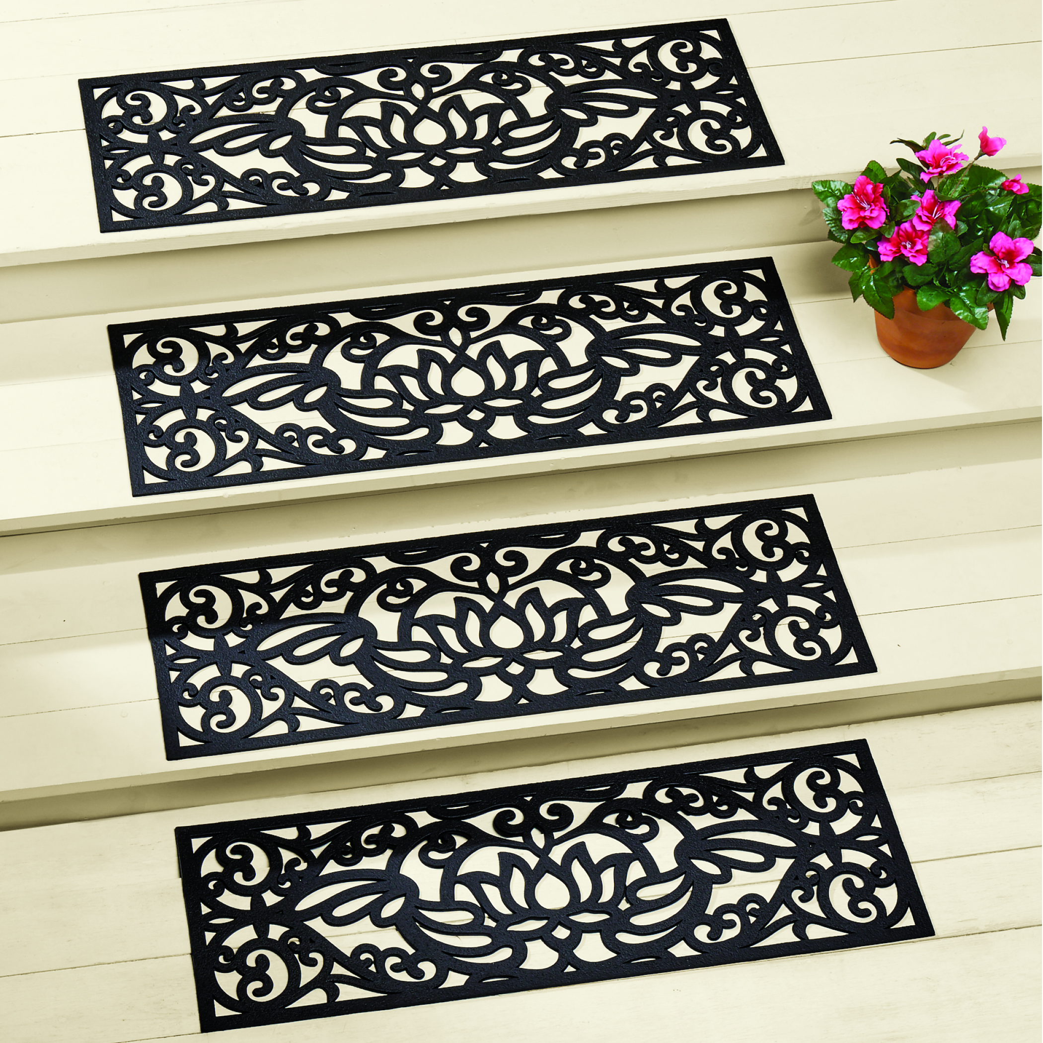 SET OF 4 RUBBER STAIR STEP TREADS MATS SCROLLED BUTTERFLY OUTDOOR PORCH
