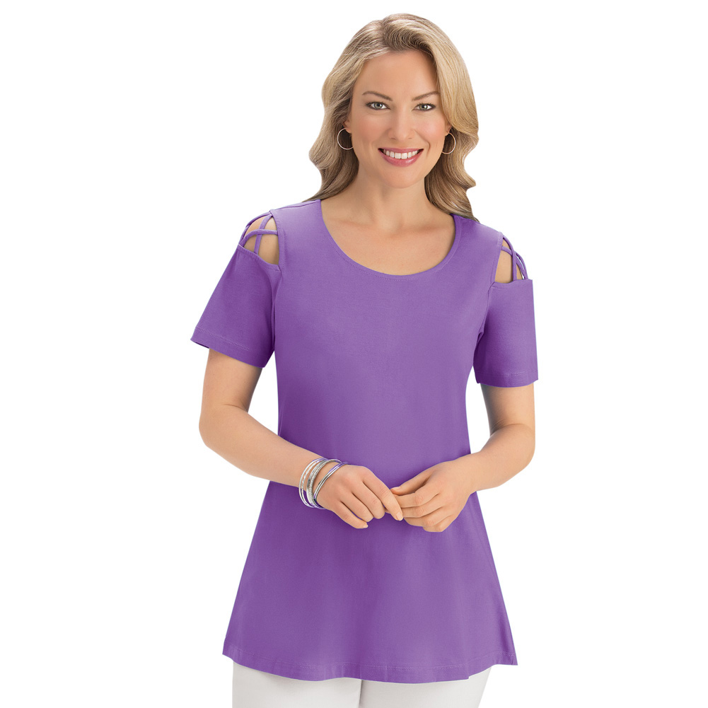 Lattice Design Cold Shoulder Top, Scoop Neckline Small Basic Purple