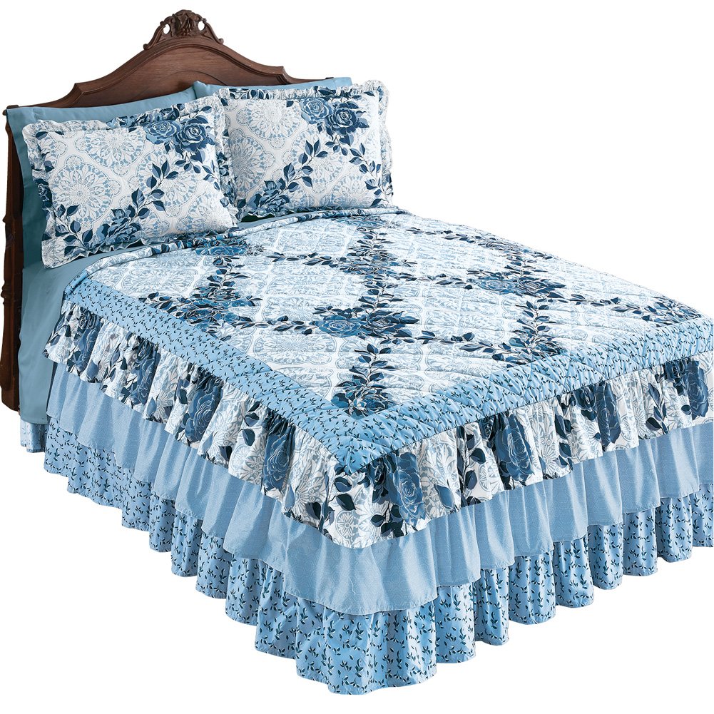 Navy Floral Medallion Tiered Ruffled Bedspread - Picture 4 of 15