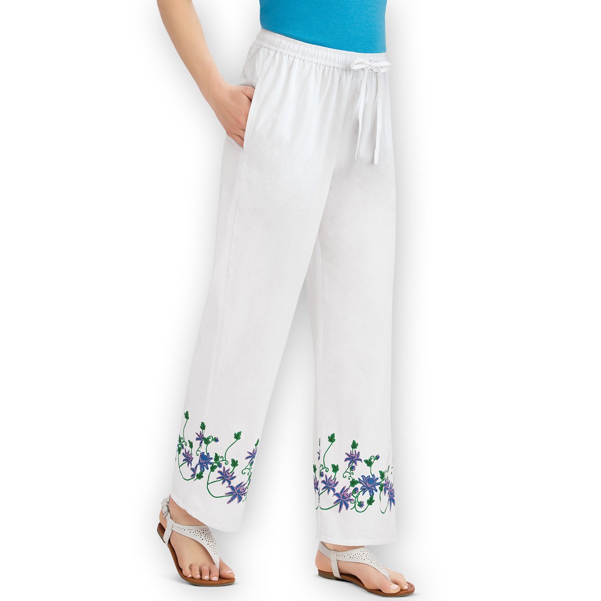 Elastic White Cotton Ankle Pants with Floral Hem Collections Etc.
