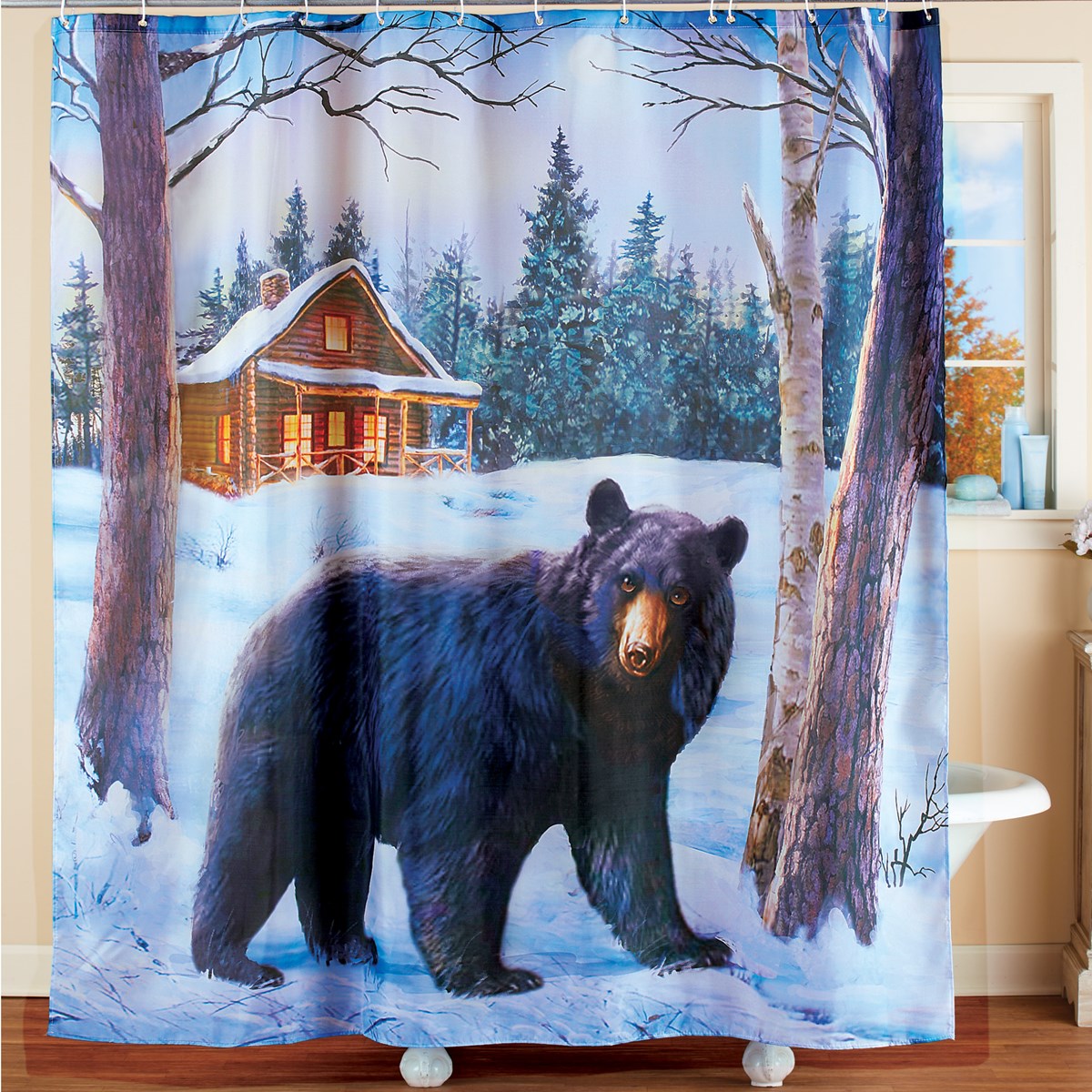 Black Bear Décor Shower Curtain with Snowy Cabin Collections Etc.