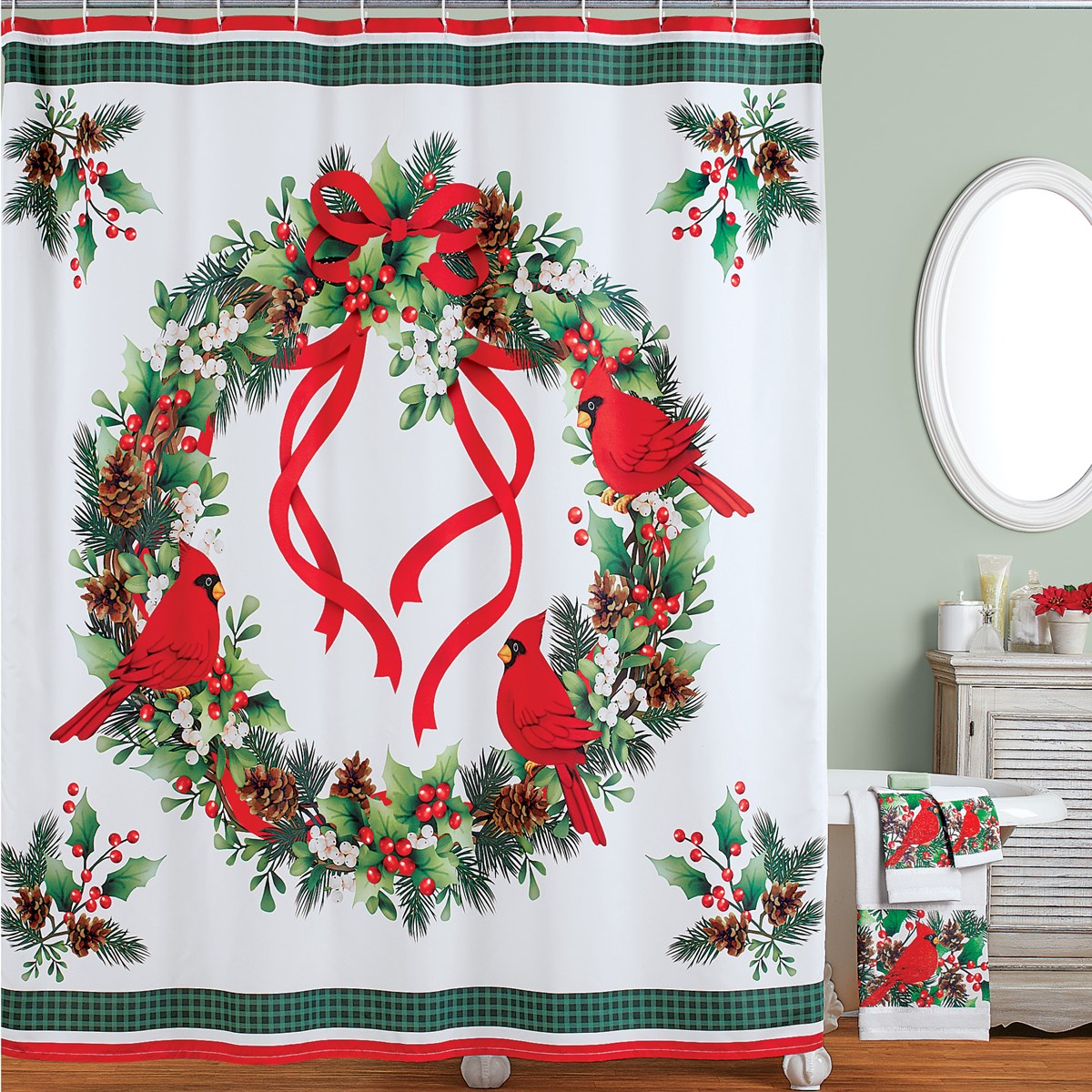 Festive Winter Cardinals and Wreath Shower Curtain Collections Etc.