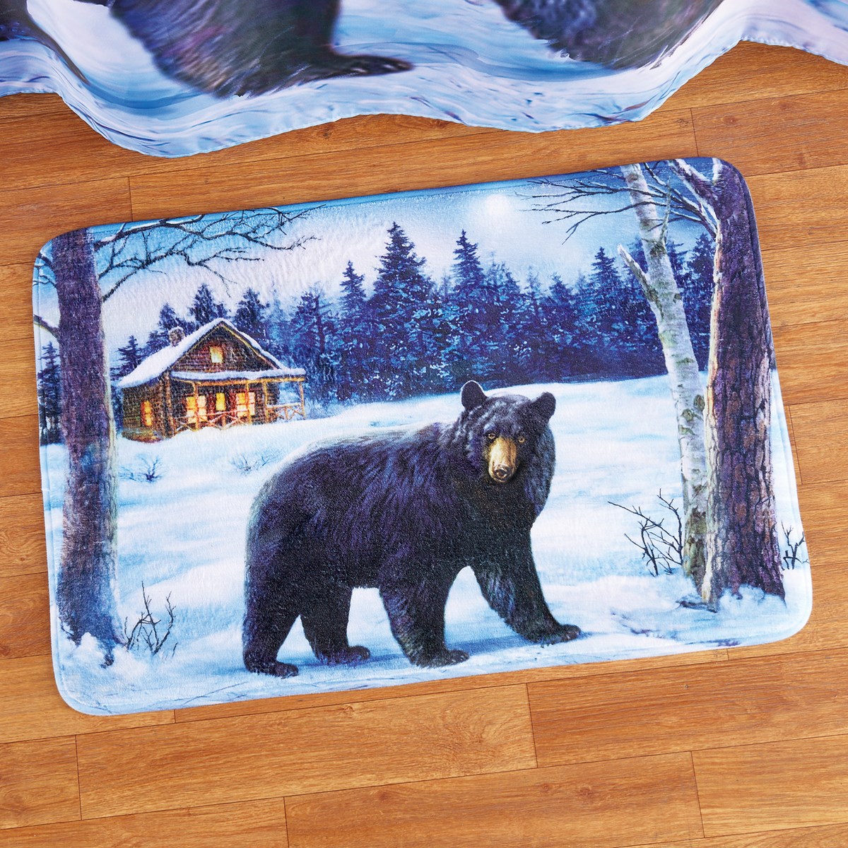 Black Bear Décor Bath Mat with Scenic Snowy Cabin Collections Etc.