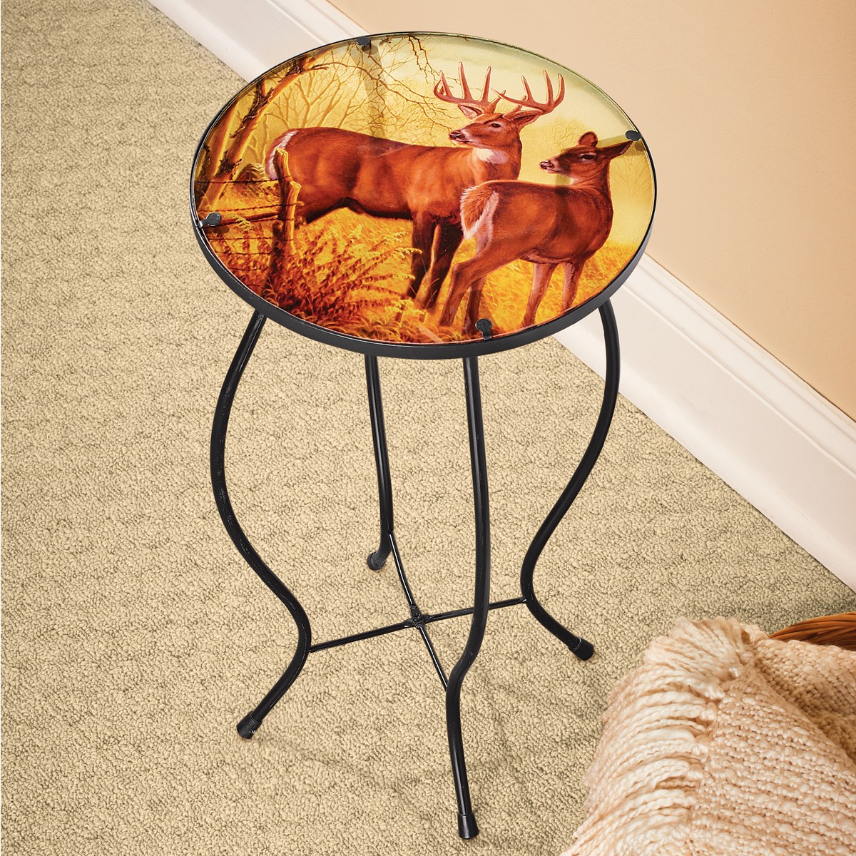 Deer Couple Glass Accent Table with Metal Base Collections Etc.