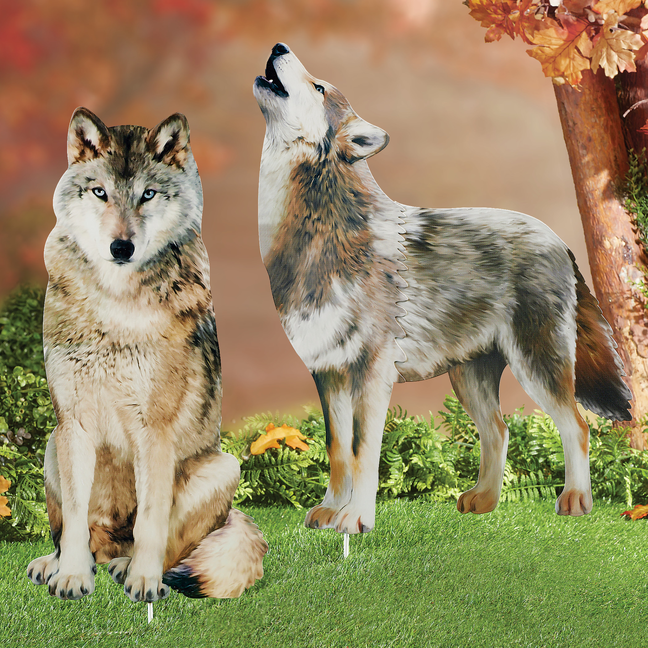 Wolf Decorative Garden Stakes Set, Photorealistic Outdoor Decor, 2 pc