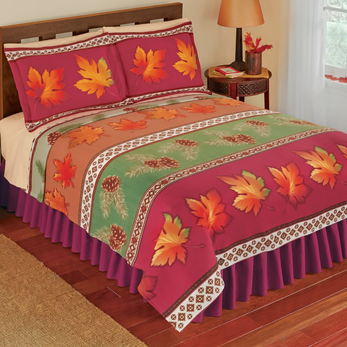 Fall Leaves Fleece Coverlet Green and Red Collections Etc.