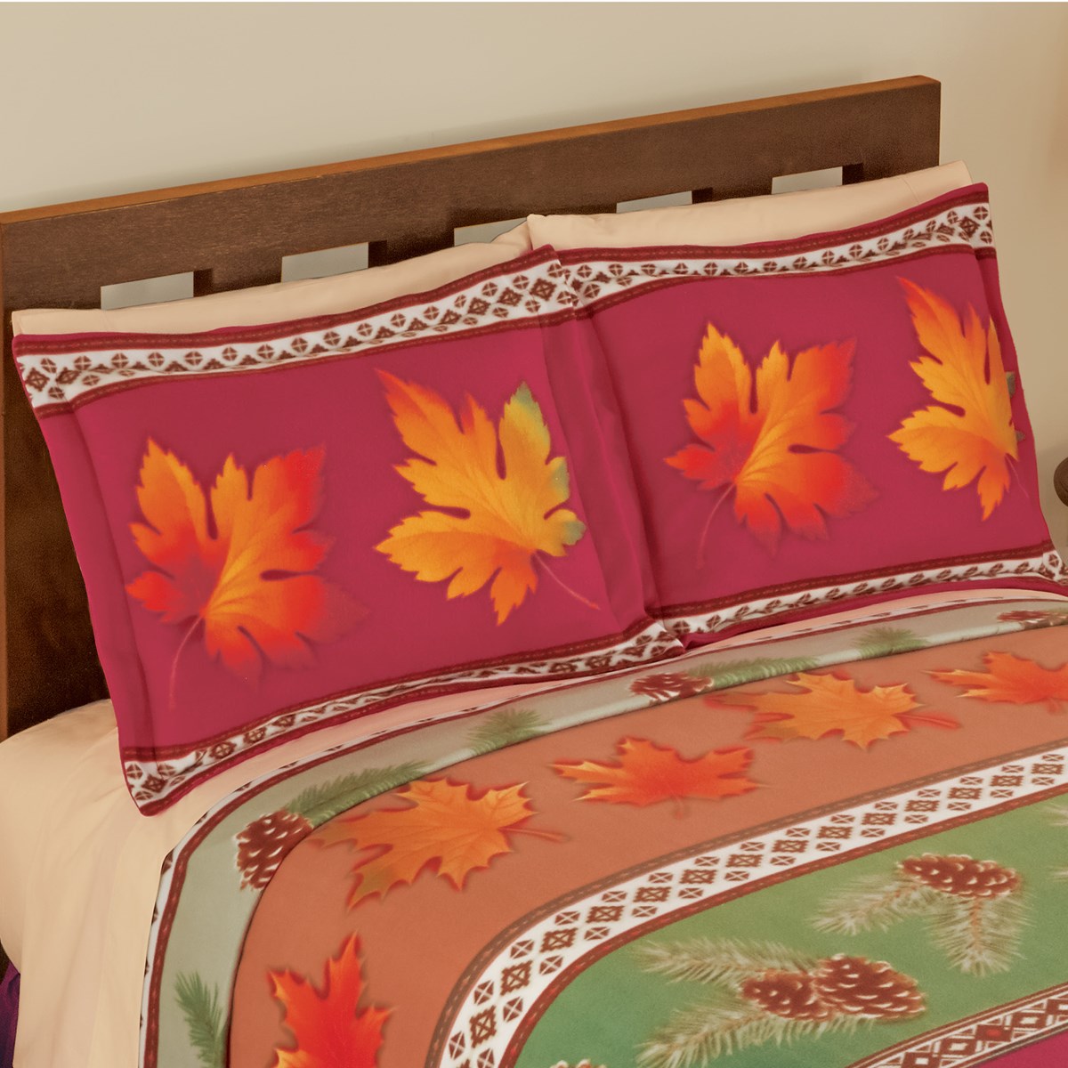 Fall Leaves Soft Fleece Pillow Sham Green and Red Collections Etc.