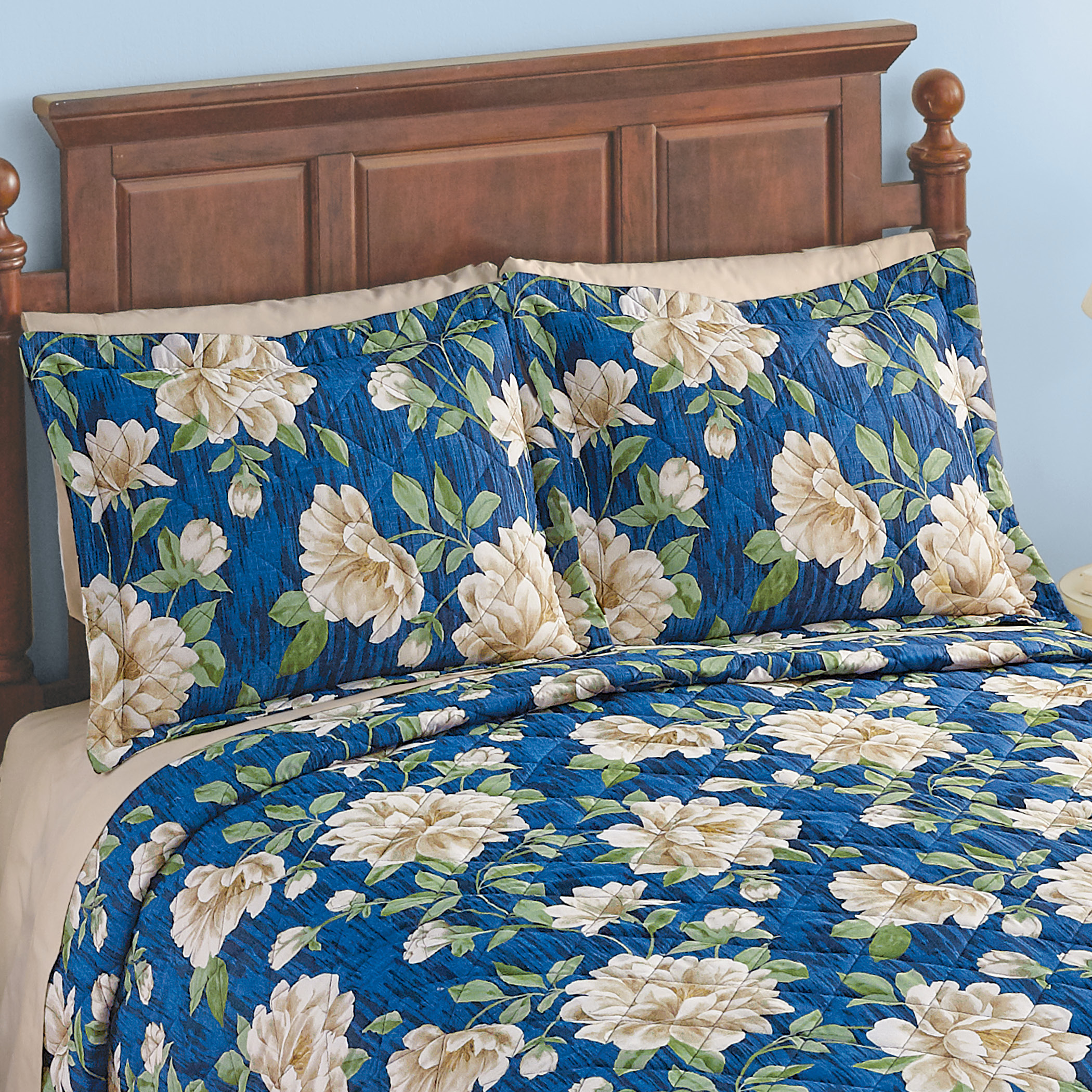 Marisol Navy Blue Ivory Floral Quilted Pillow Sham Collections