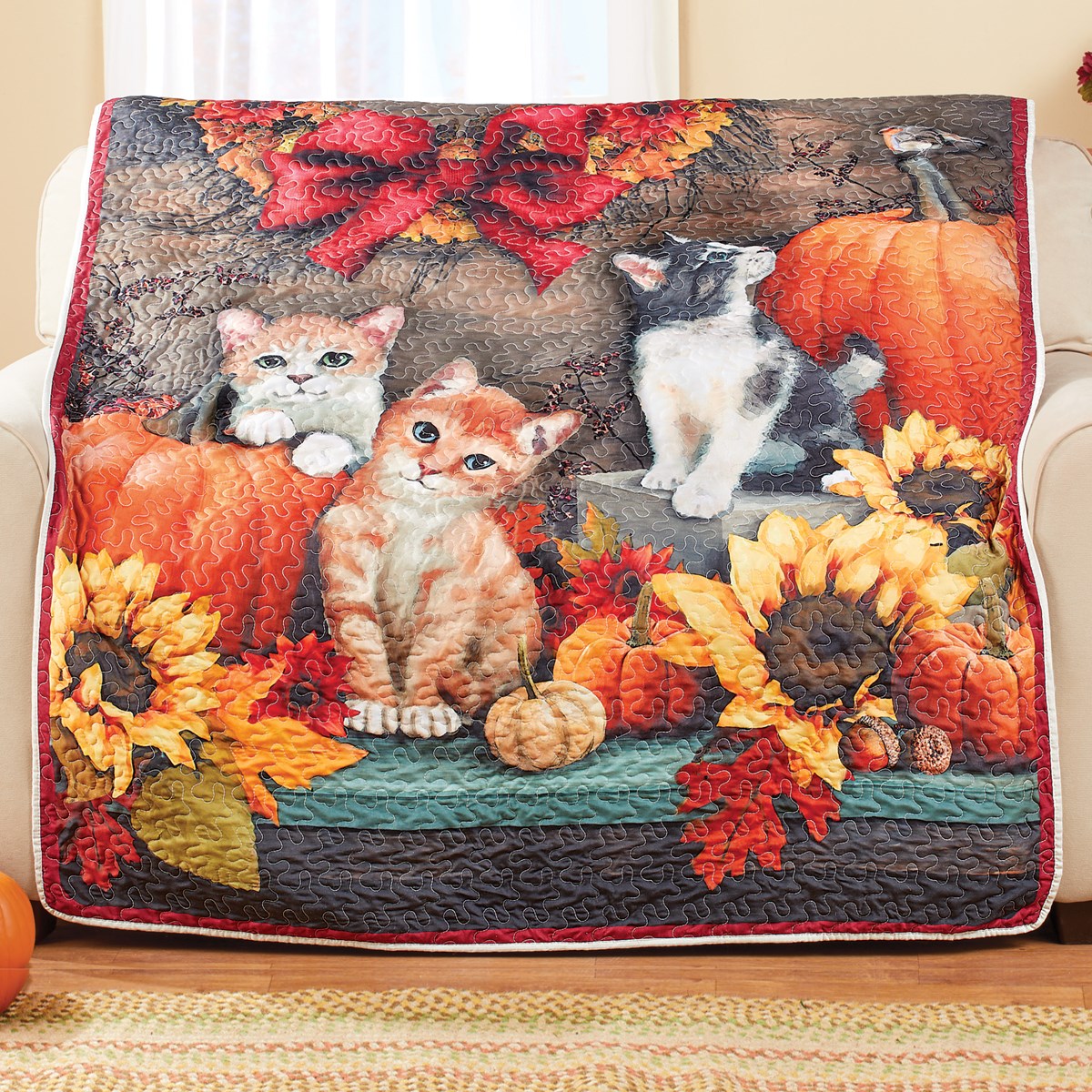 Fall Pumpkin Cats Quilted Throw Blanket Collections Etc.