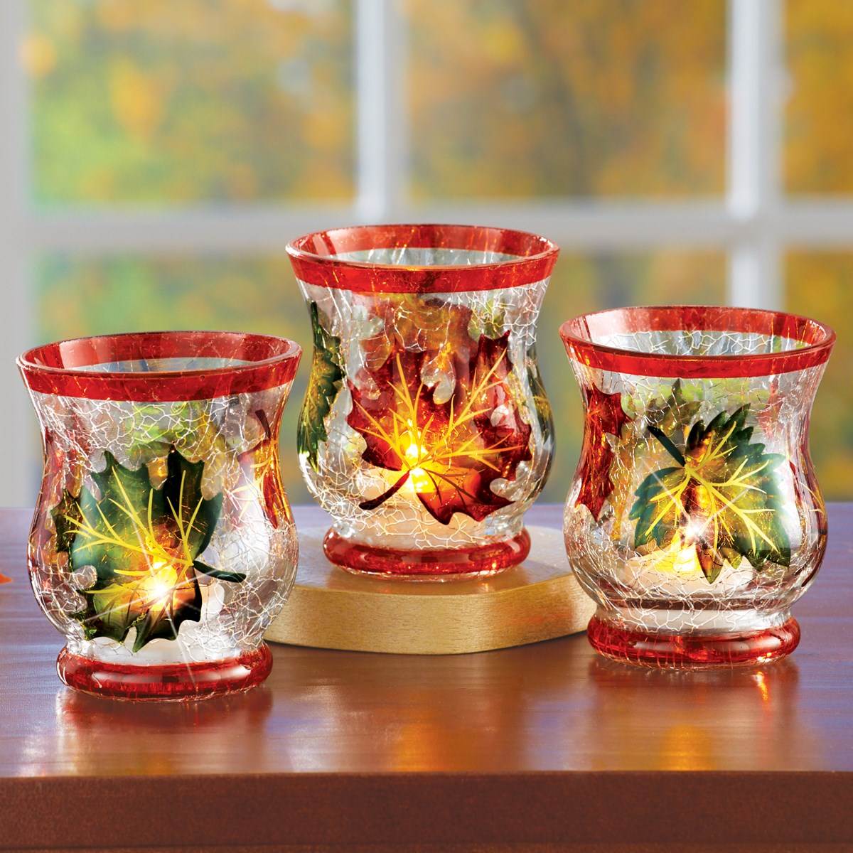 Glass Candle Holder Set with Painted Leaves, 3 pc Collections Etc.