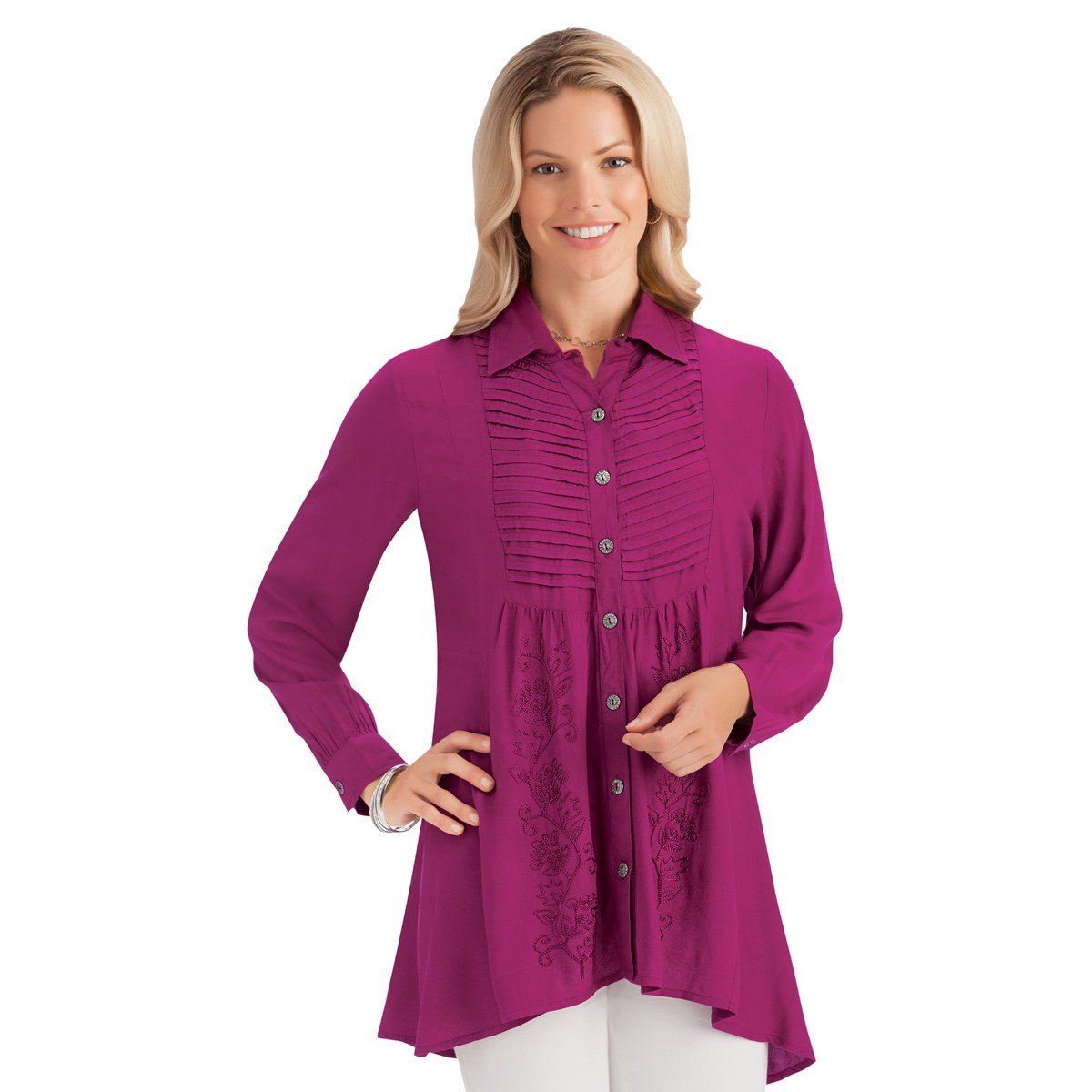 Pleated & Embroidered Button Down Tunic Top Shirt Collections Etc.