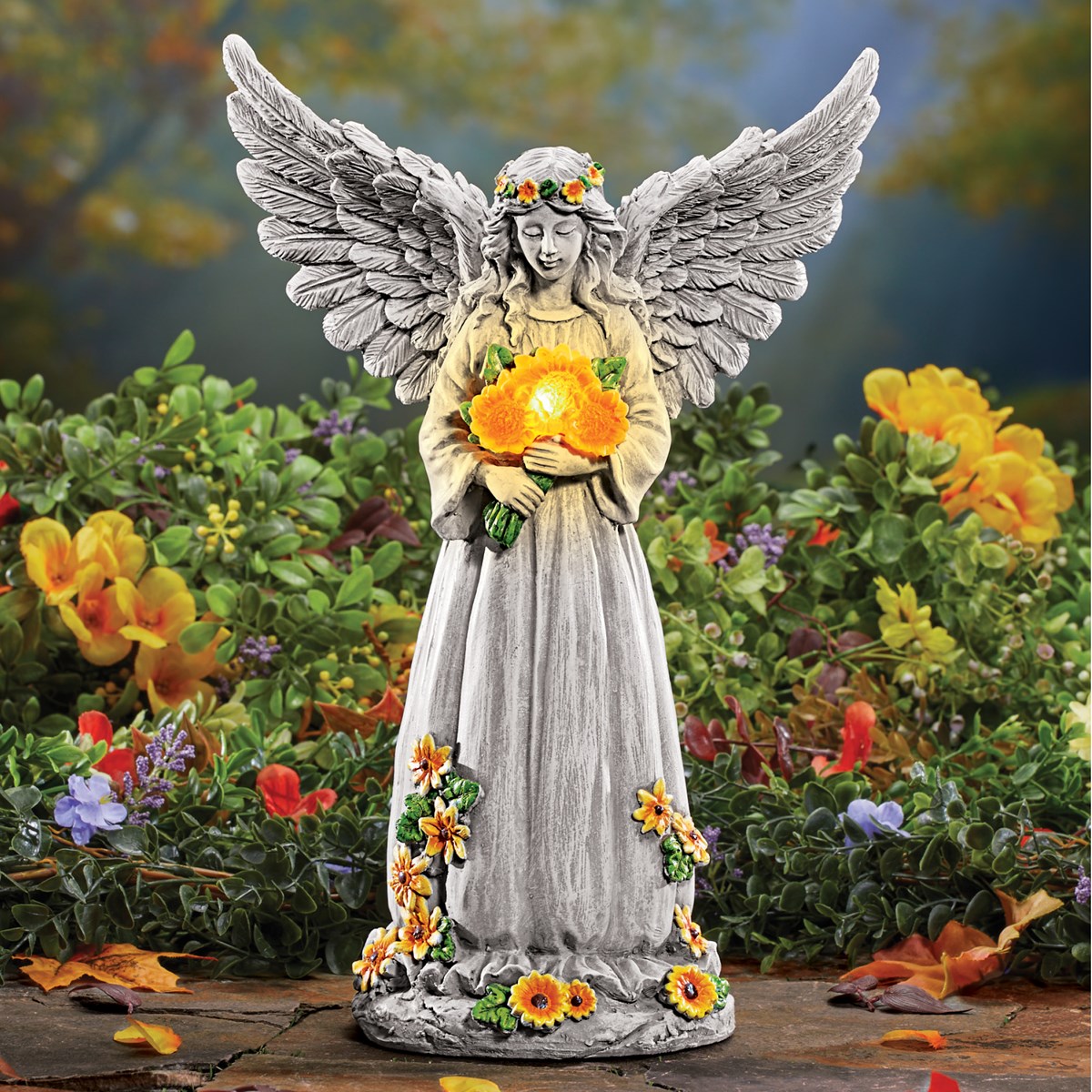 Solar Light Up Angel with Sunflowers Garden Statue Collections Etc.