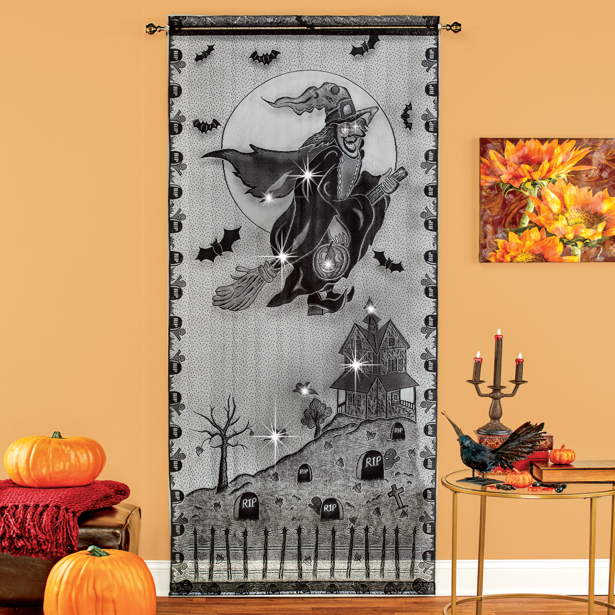 Halloween Witches Lighted Curtain Panel Decor Collections Etc
