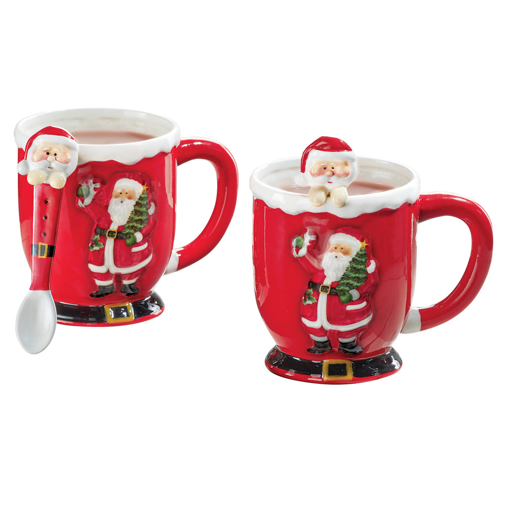 Red Santa Mugs with Spoons - Set of 2 5 X 3.25 X 4 Red
