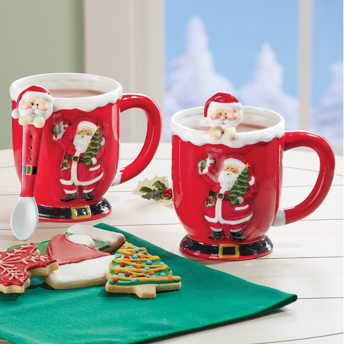 Red Santa Mugs with Spoons Set of 2 Collections Etc.