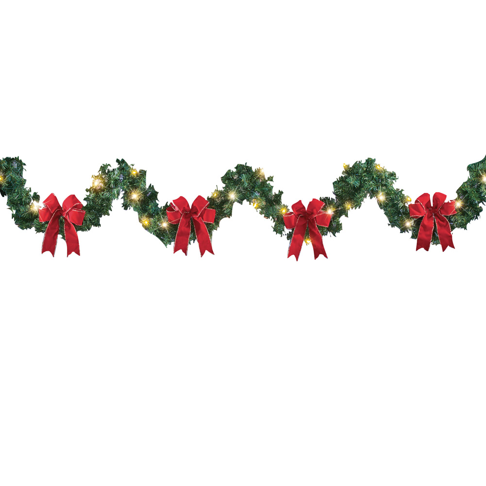 9ft Lighted Winter Garland with Bows and Pine Accents, Indoor or Outdoor Christmas Decor