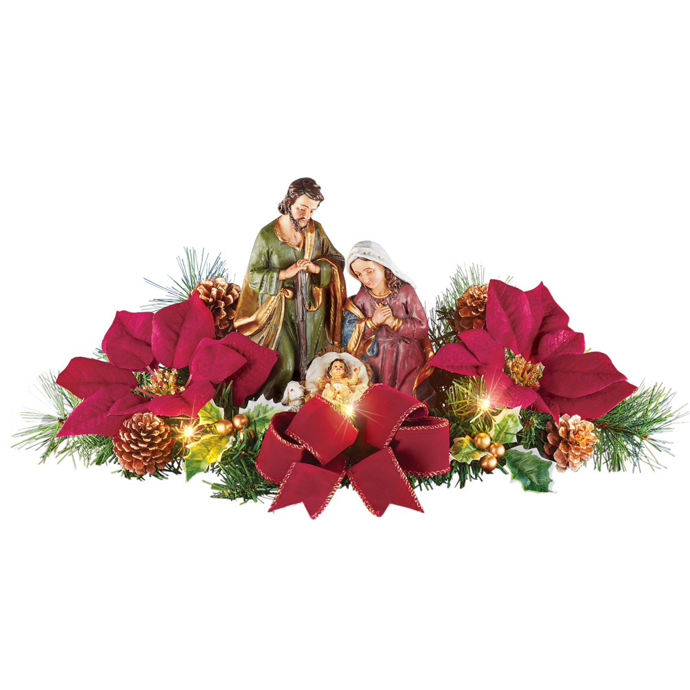 Lighted Tabletop Nativity Scene with Poinsettias Red