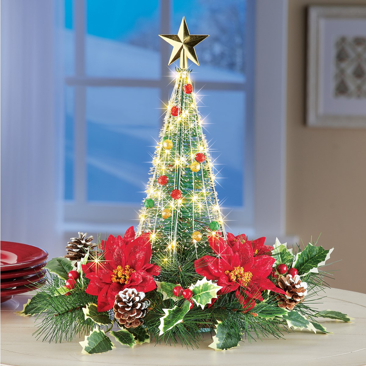 Lighted Christmas Tree Centerpiece with Greenery Collections Etc.