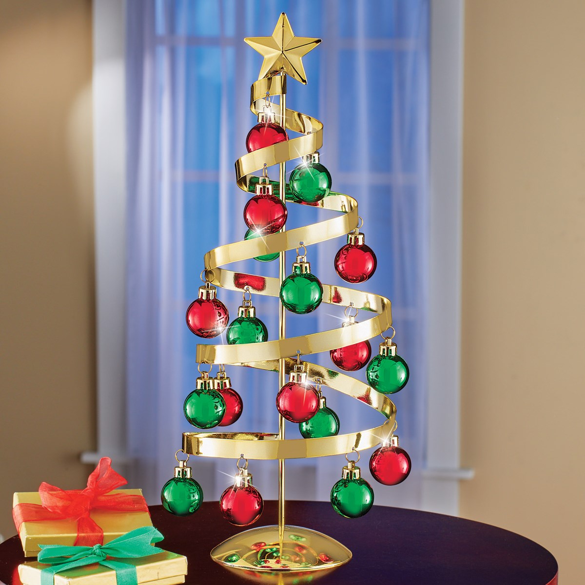 Gold Tabletop Christmas Tree Sculpture w Ornaments Collections Etc.