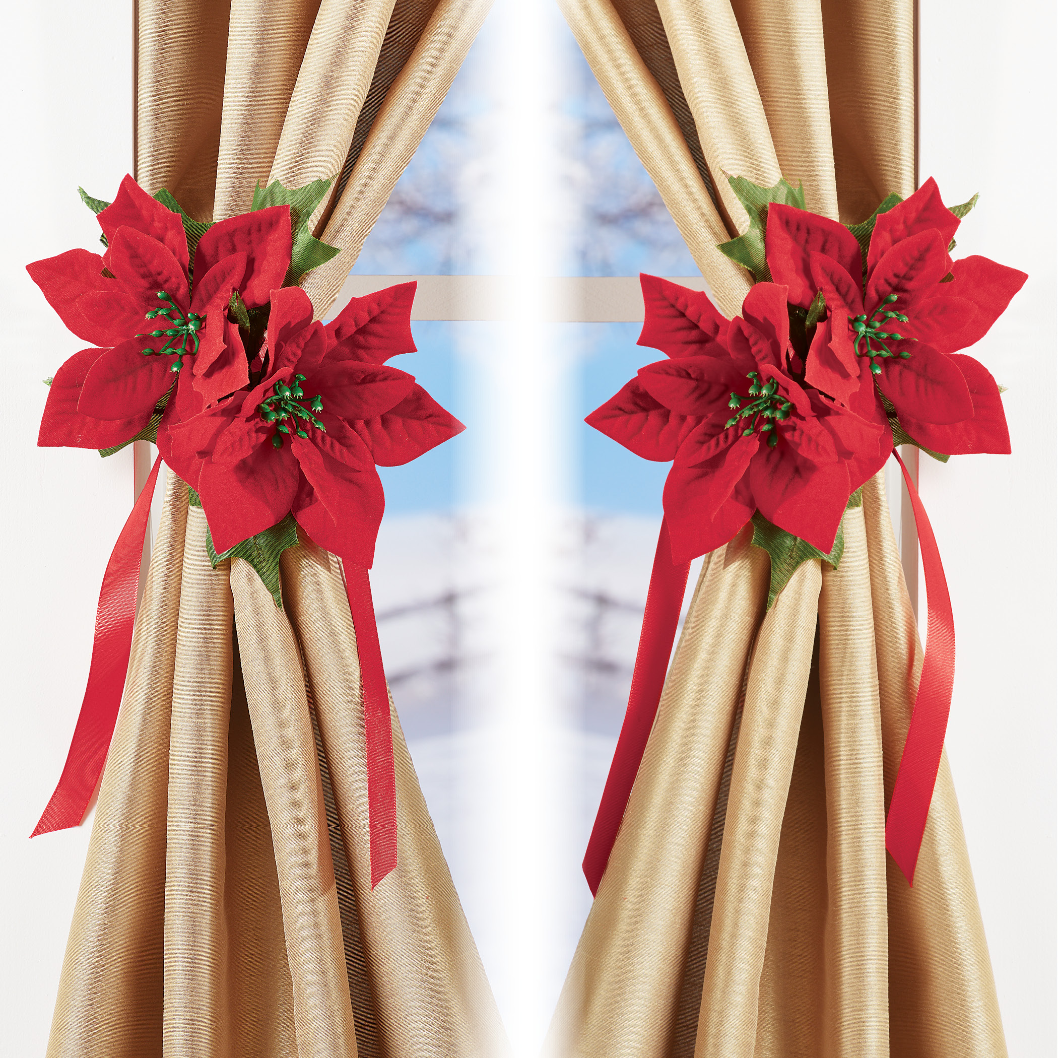 Poinsettia Window Curtain Panel Tie Back Set Of 2 Collections Etc