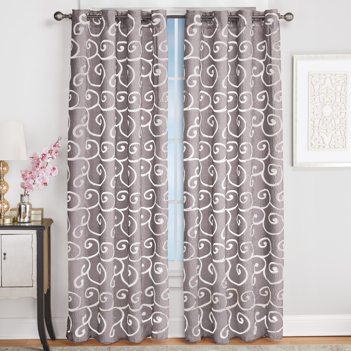 Faux Silk Scroll Sheer Design Curtain Panel Collections Etc.