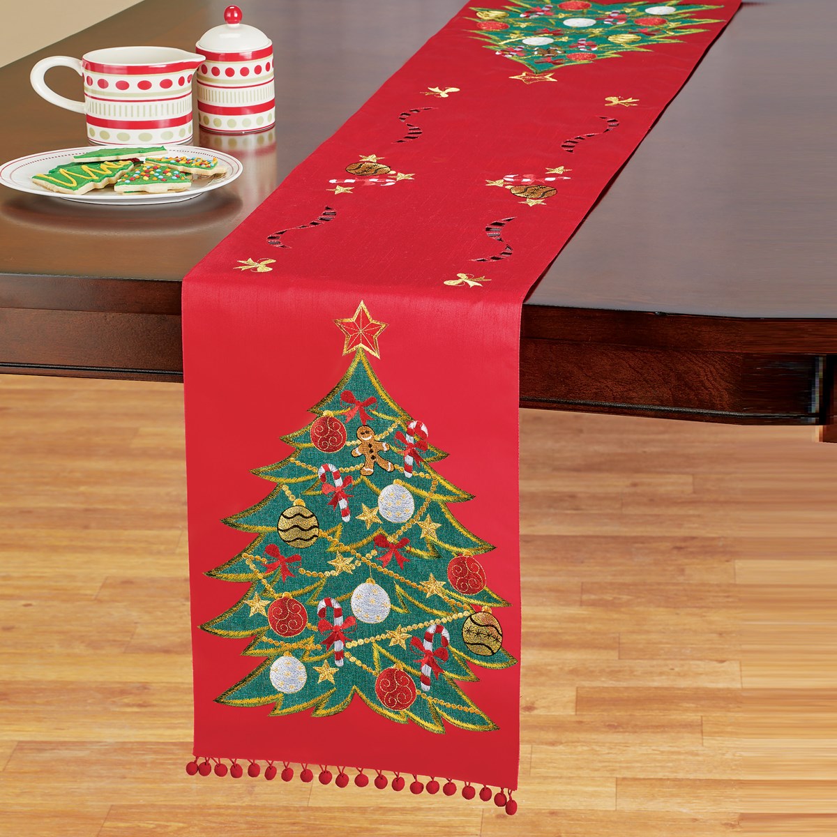 Embroidered christmas tree red table runner  collections etc Embroidered christmas tree red table runner  collections etc