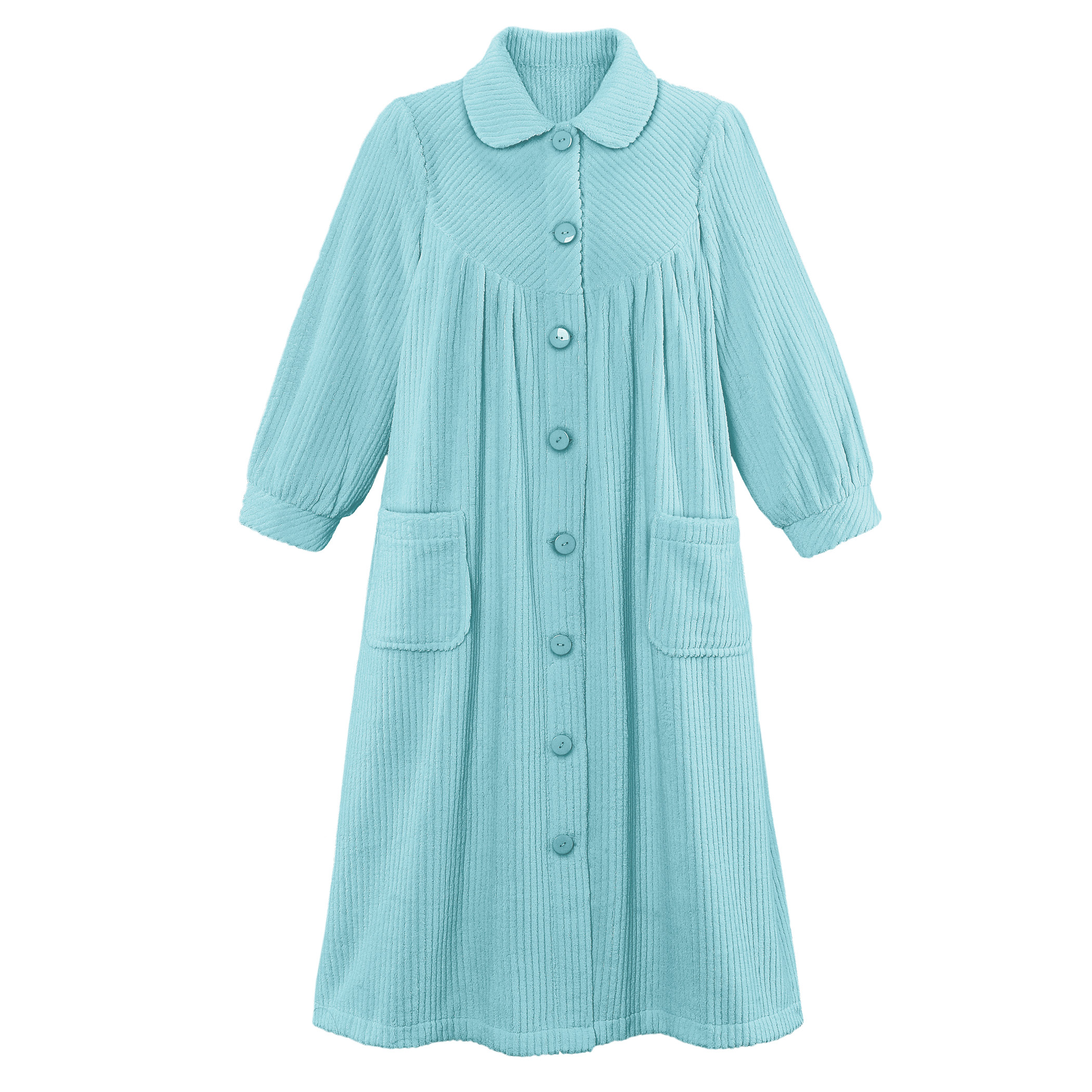 Women's Soft Plush Button Front Robe with Pockets 42"L Light Blue Medium