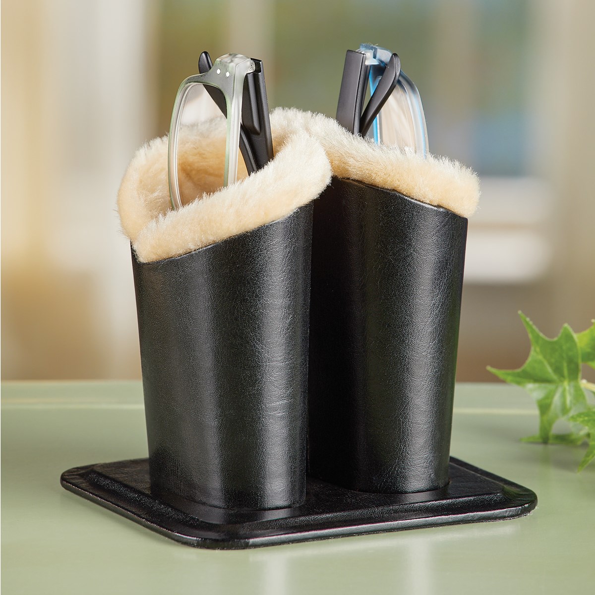 Double Eyeglass Holder Stand in Faux Black Leather Collections Etc.