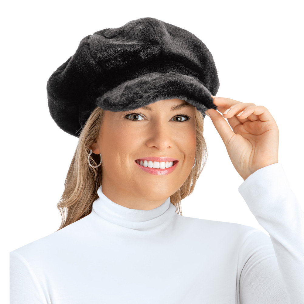 Faux Fur Newsboy Winter Hat, Stylish Plush Cap, Black, one size fits all