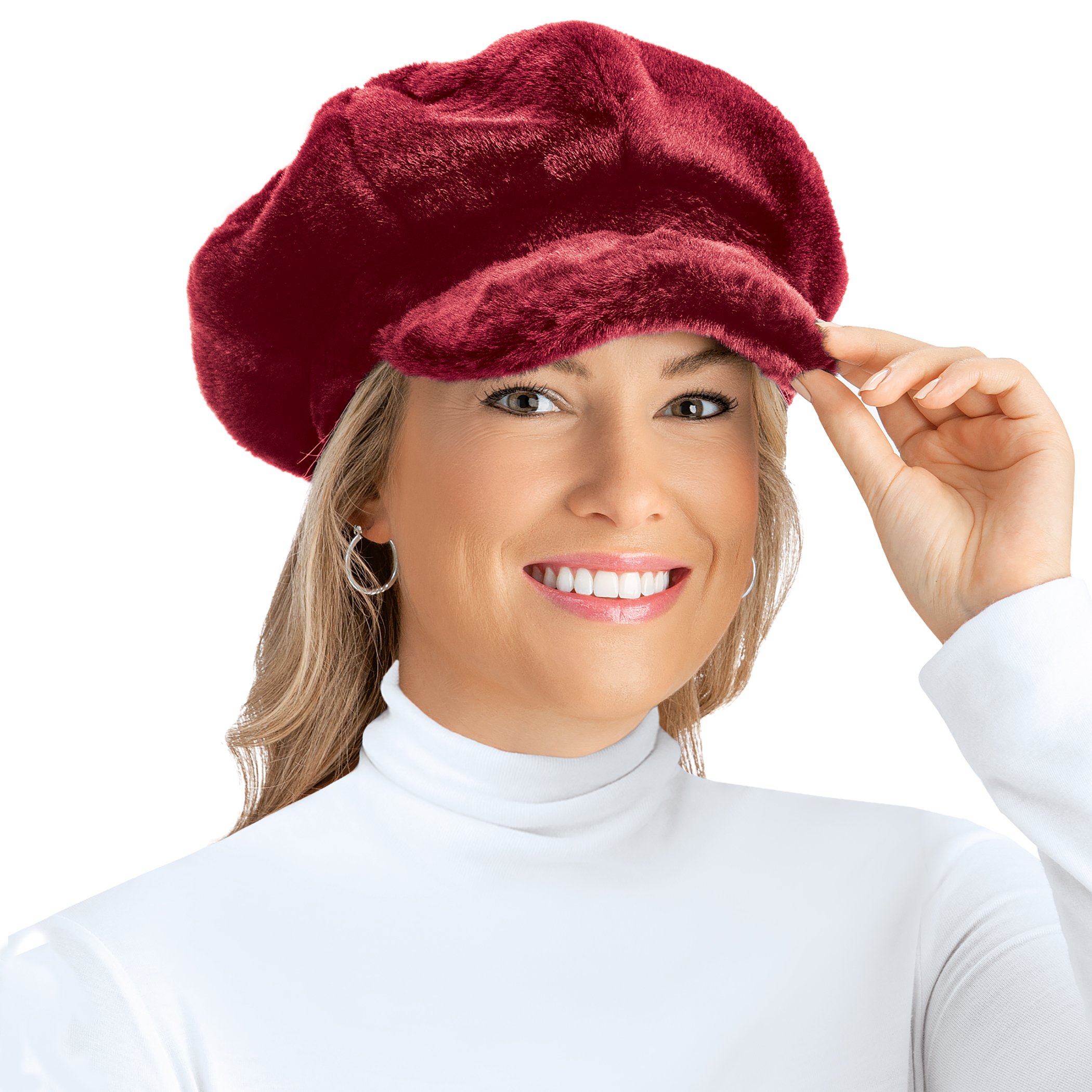 Women's Faux Fur Newsboy Winter Hat Burgundy NO SIZE