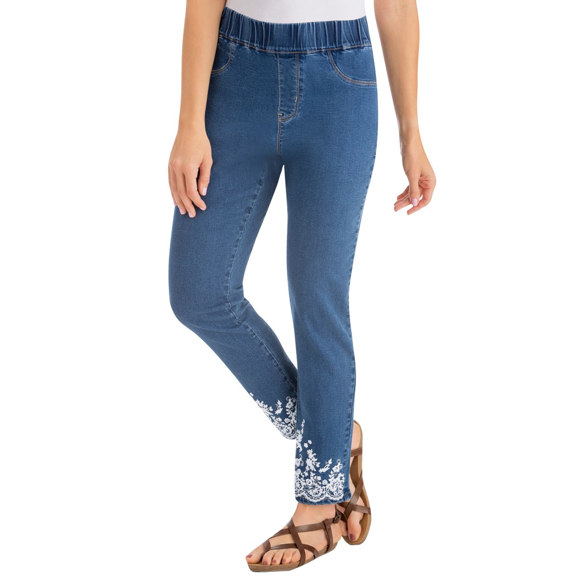 Embroidered Border Ankle Jeans with Elastic Waist Collections Etc.