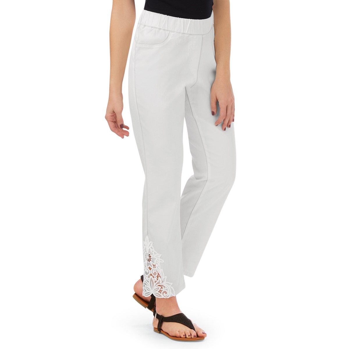 White Lace Inset Ankle Pant with Faux Pockets Collections Etc.