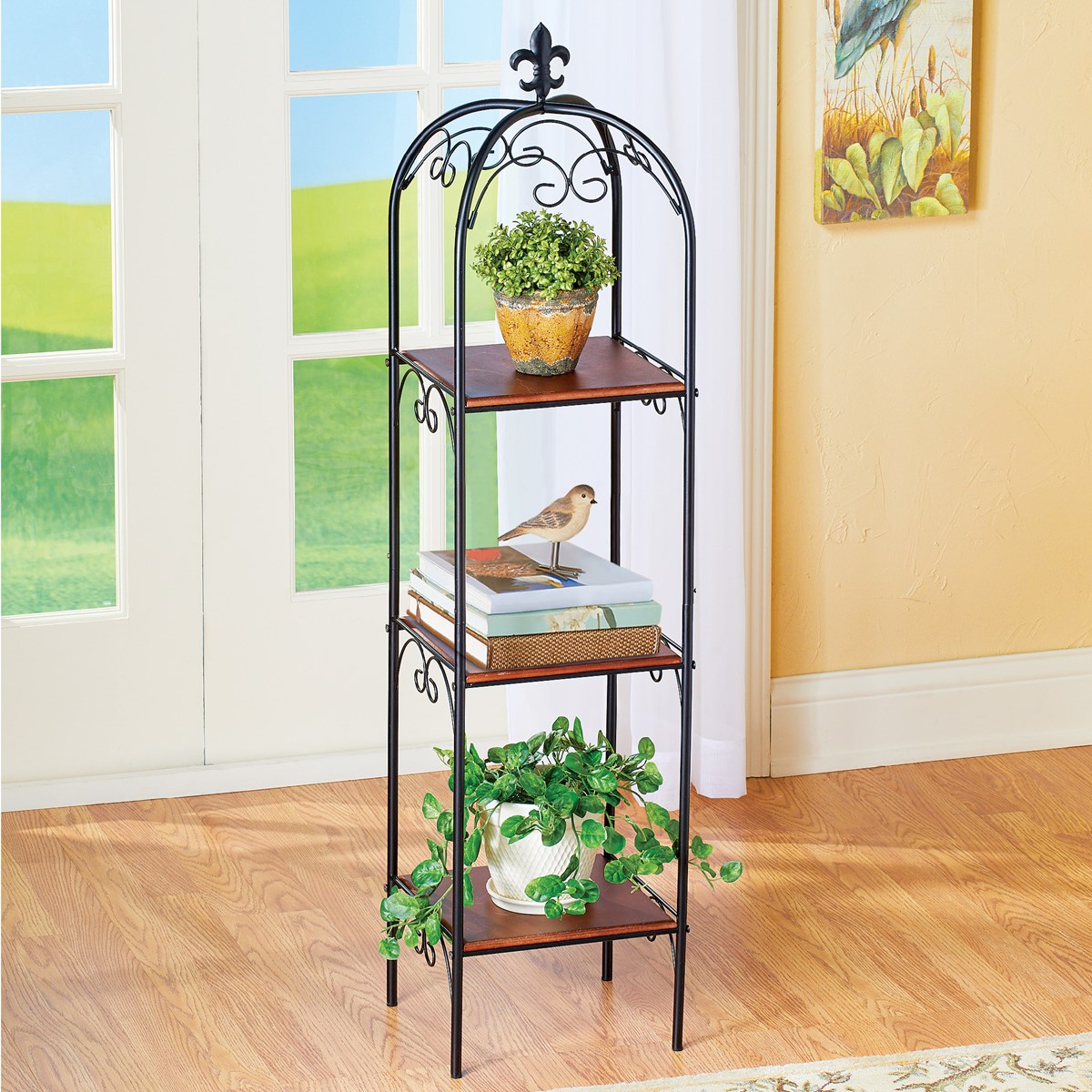 Decorative Scrolling Metal Stand with 3 Shelves Collections Etc.