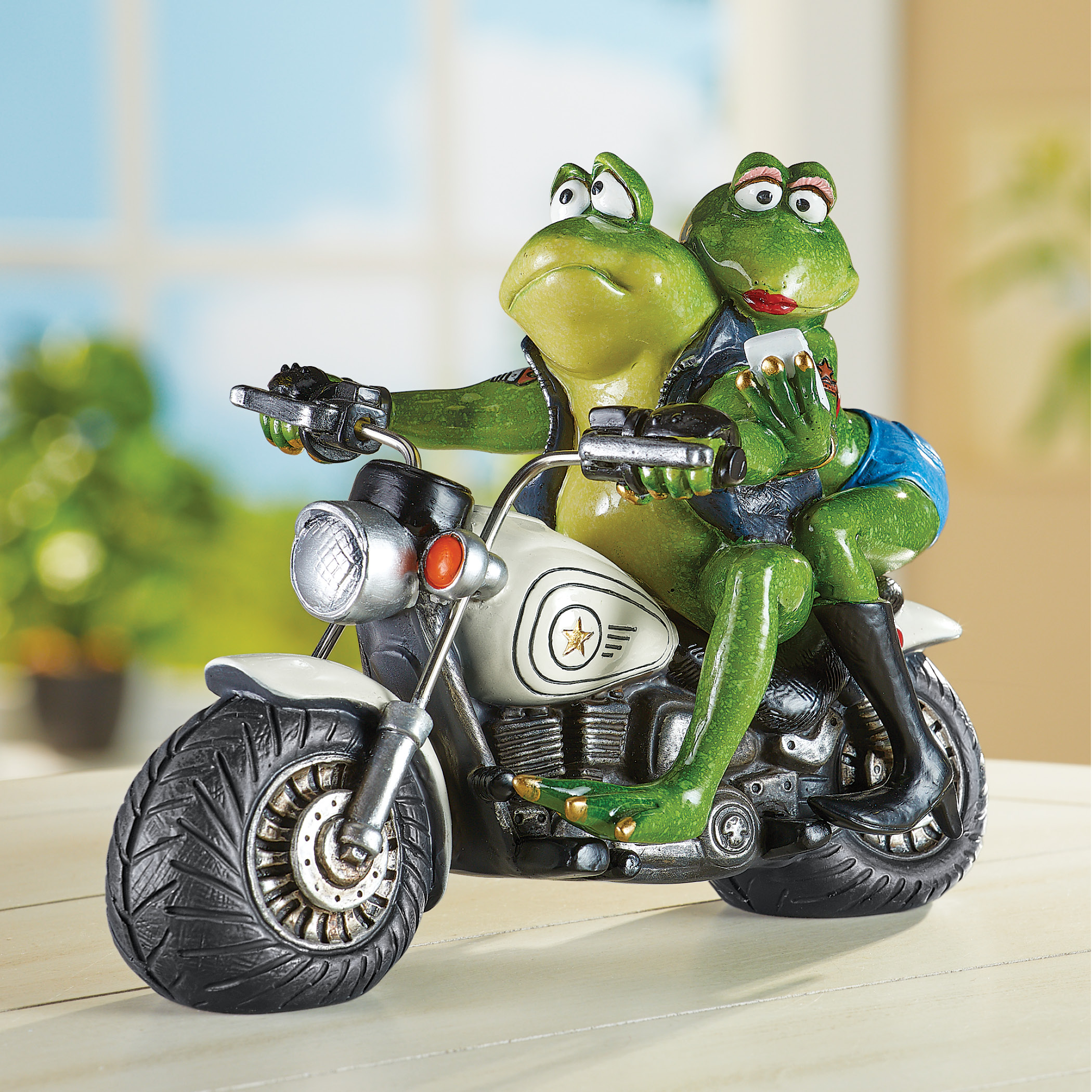 Charming Biker Frogs On Custom Motorcycle Garden Statue