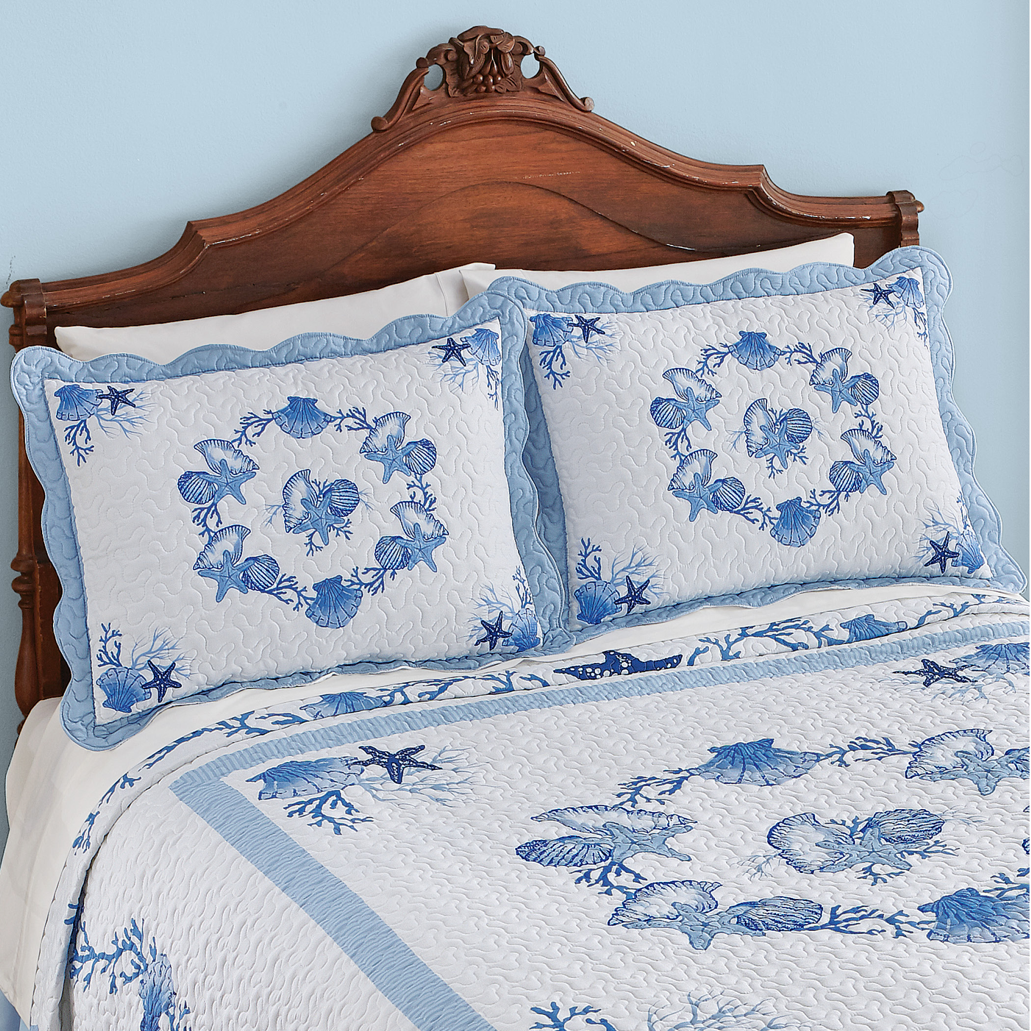 Blue And White Seashell Garland Pillow Sham Collections Etc