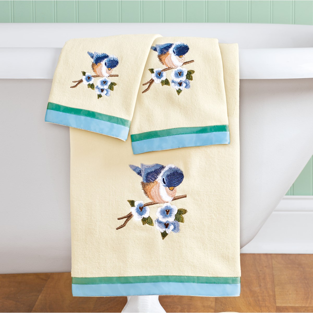 Bird Embroidered Towels with Ribbon Trim Set of 3 Collections Etc.