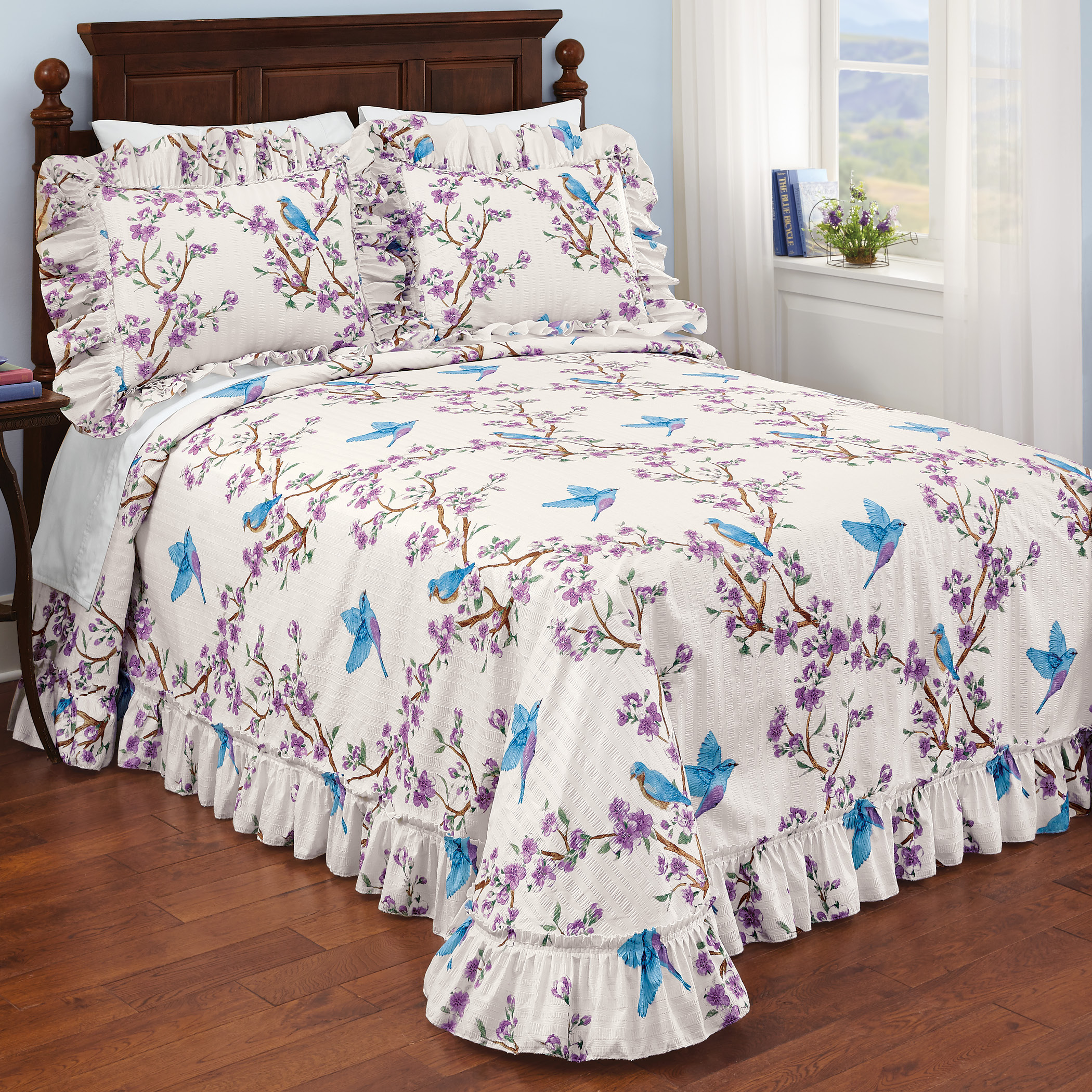 Birds and Butterflies Floral Ruffled Bedspread Decorative Bedroom Accent
