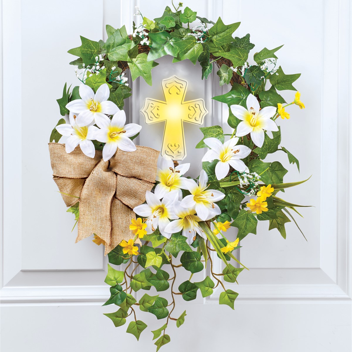 Easter Lily Wreath with Light Up Cross and Ivy Collections Etc.