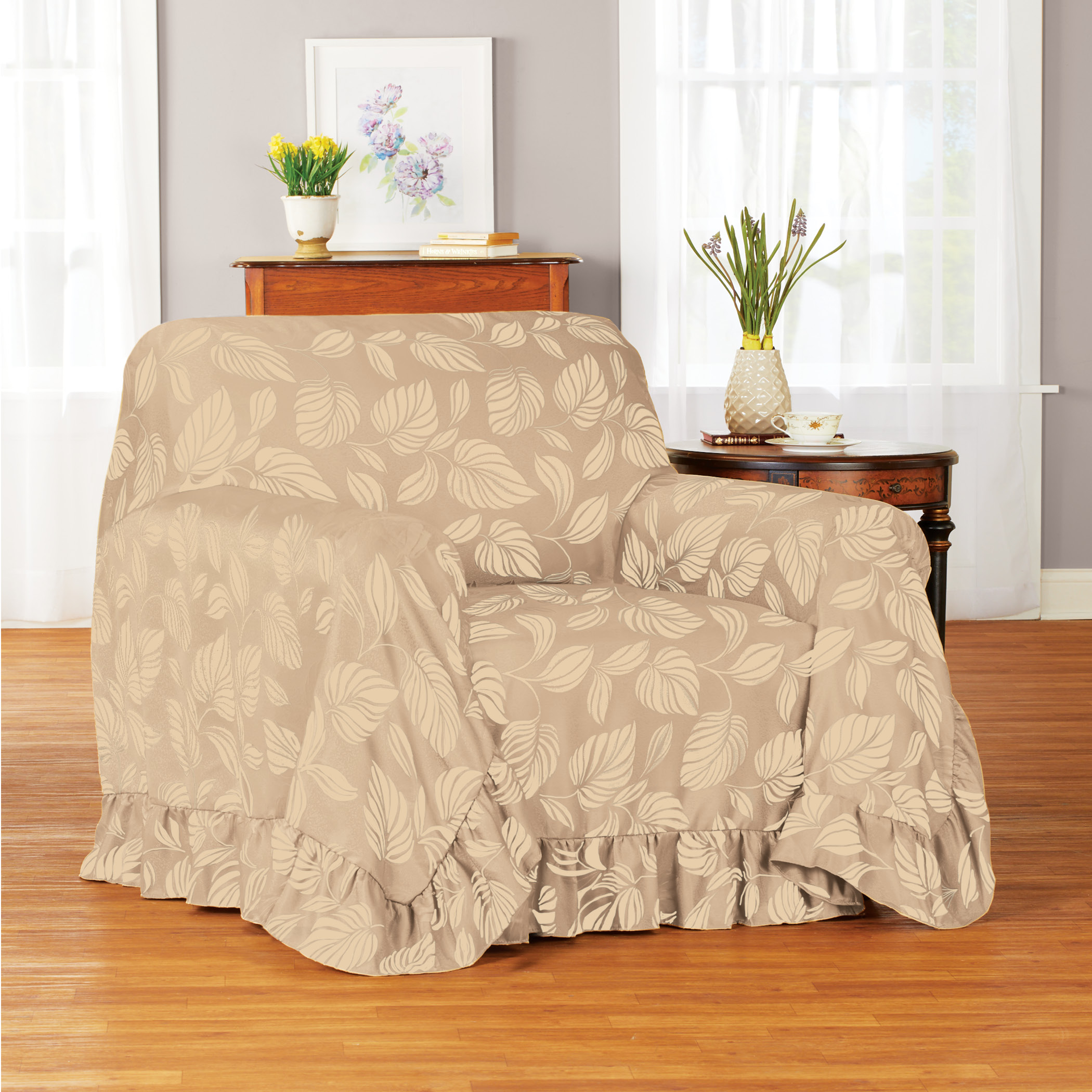 Leaf Pattern Ruffled Furniture Throw Cover