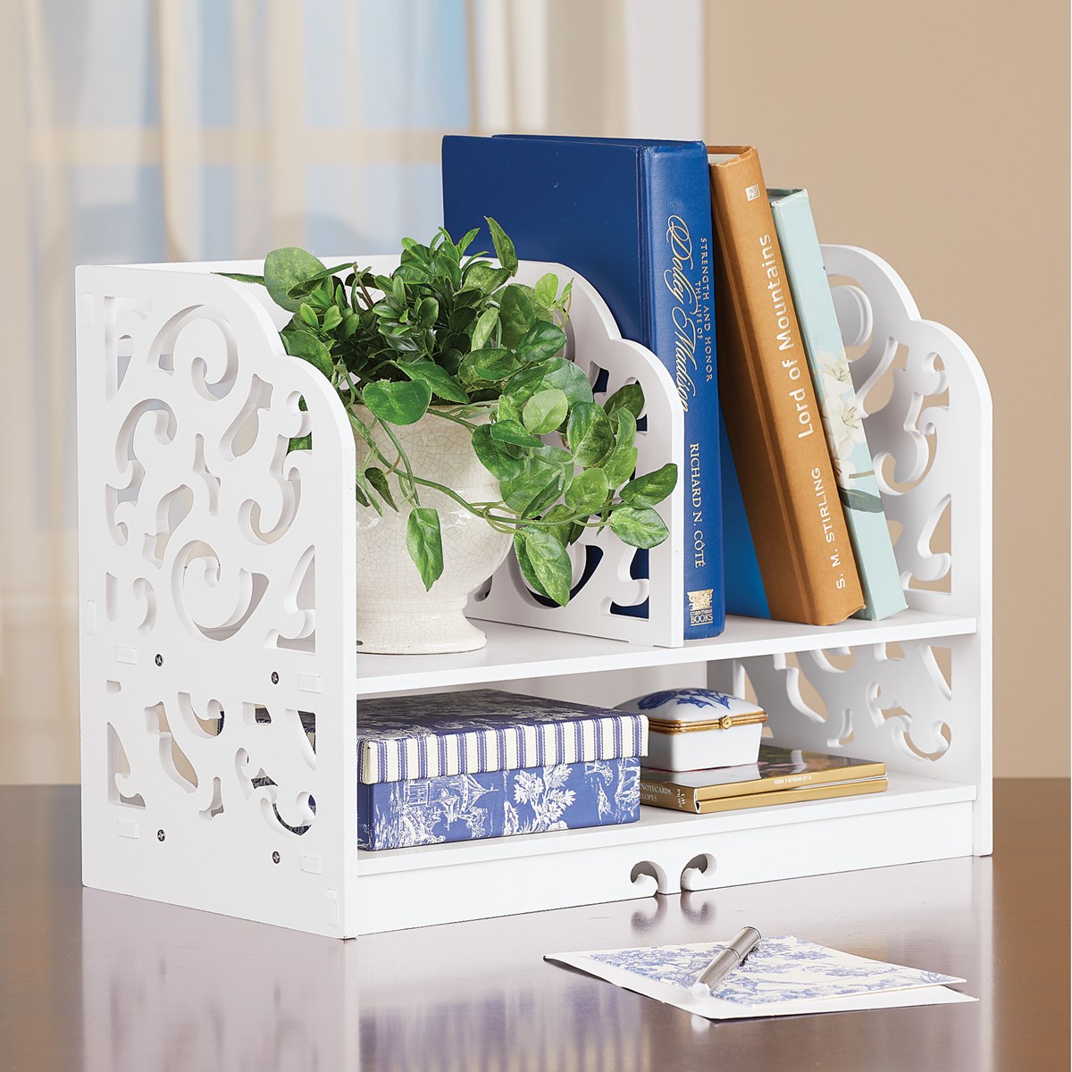 White Scrolling TwoTiered Book Rack and Storage Collections Etc.