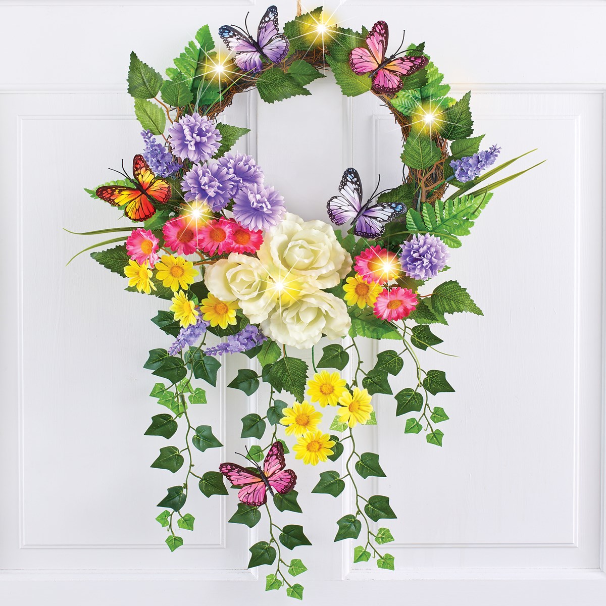 Lighted Floral Spring Wreath with Ivy & Butterflies Collections Etc.